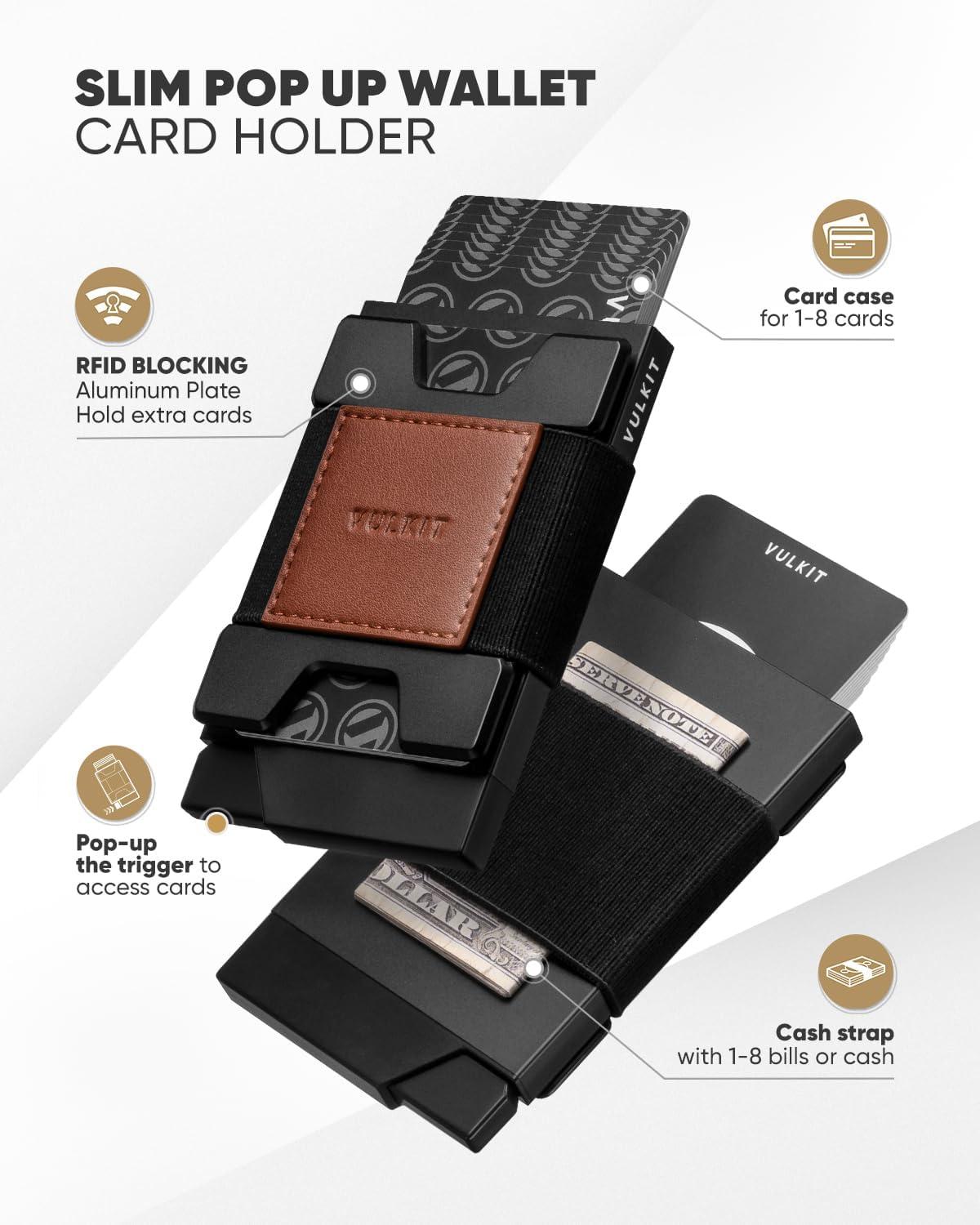 image:imageVULKIT Minimalist Pop Up Wallet RFID Blocking Aluminum Credit Card Holder with Expandable Backplate Holds 12 Cards and Cash for Men and Women NavyBrown