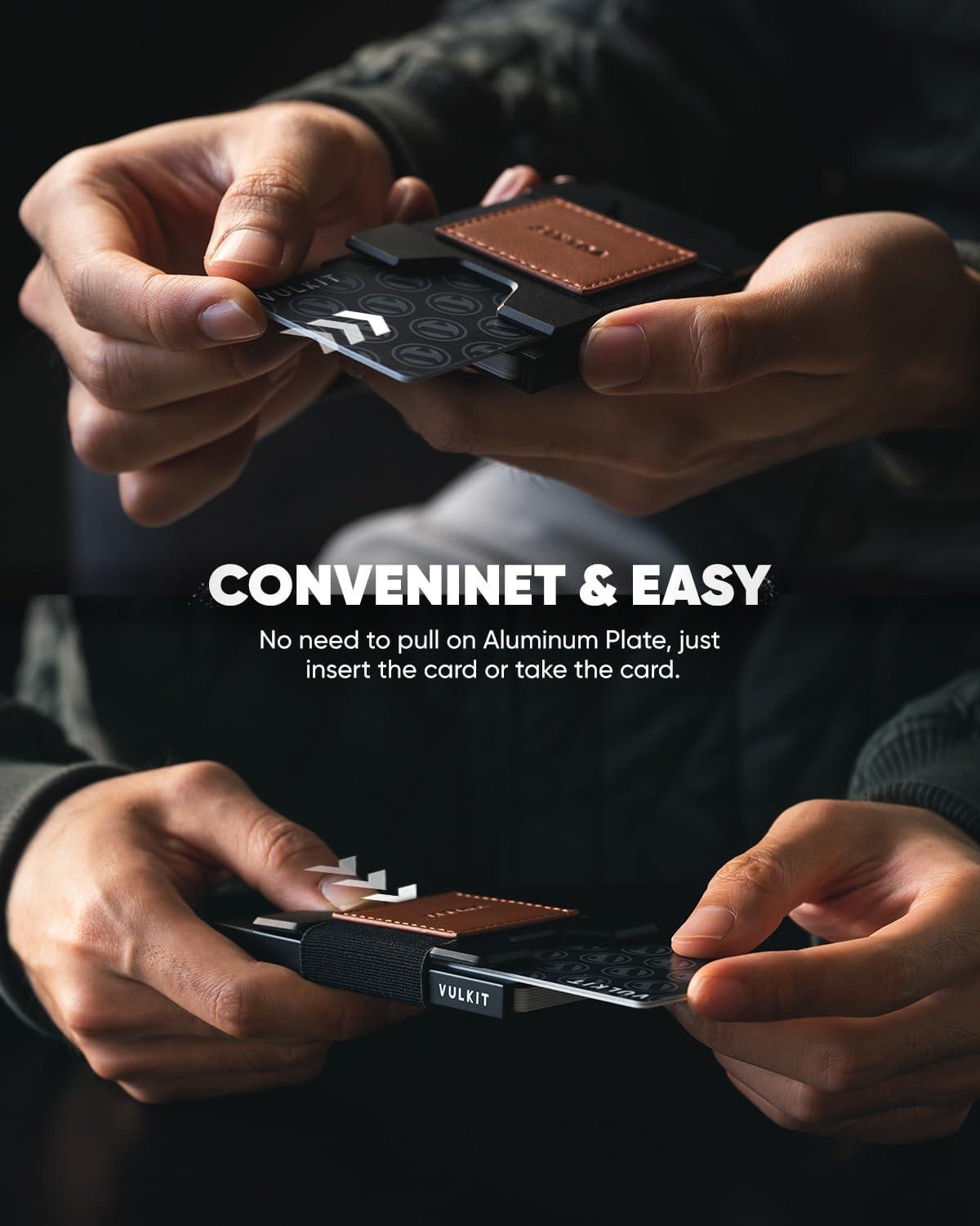 image:imageVULKIT Minimalist Pop Up Wallet RFID Blocking Aluminum Credit Card Holder with Expandable Backplate Holds 12 Cards and Cash for Men and Women NavyBrown