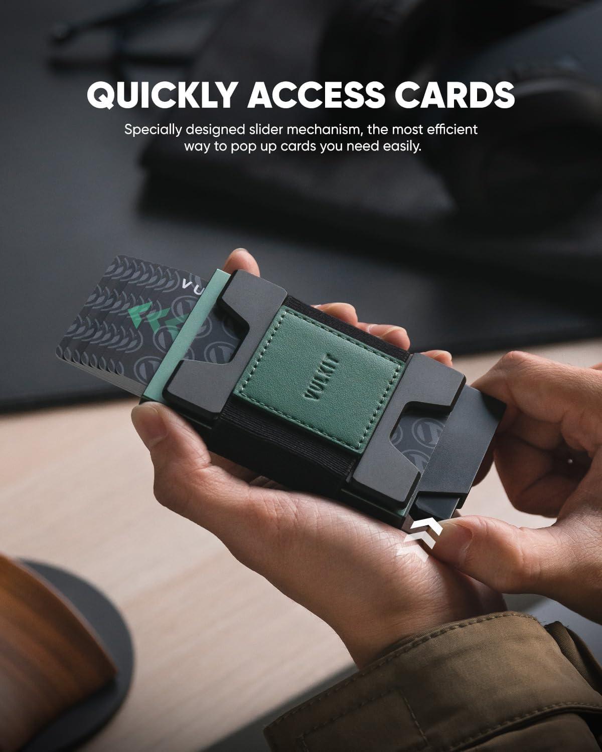 image:imageVULKIT Minimalist Pop Up Wallet RFID Blocking Aluminum Credit Card Holder with Expandable Backplate Holds 12 Cards and Cash for Men and Women NavyGreen