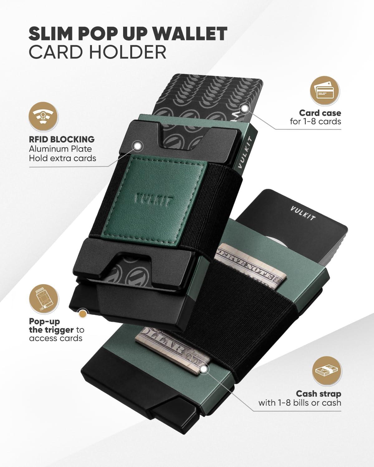 image:imageVULKIT Minimalist Pop Up Wallet RFID Blocking Aluminum Credit Card Holder with Expandable Backplate Holds 12 Cards and Cash for Men and Women NavyGreen