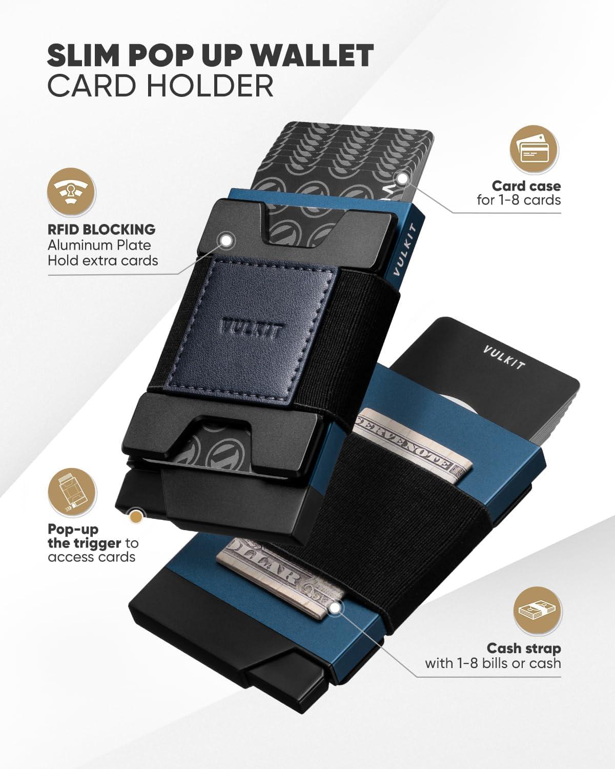 image:imageVULKIT Minimalist Pop Up Wallet RFID Blocking Aluminum Credit Card Holder with Expandable Backplate Holds 12 Cards and Cash for Men and Women NavyNavy