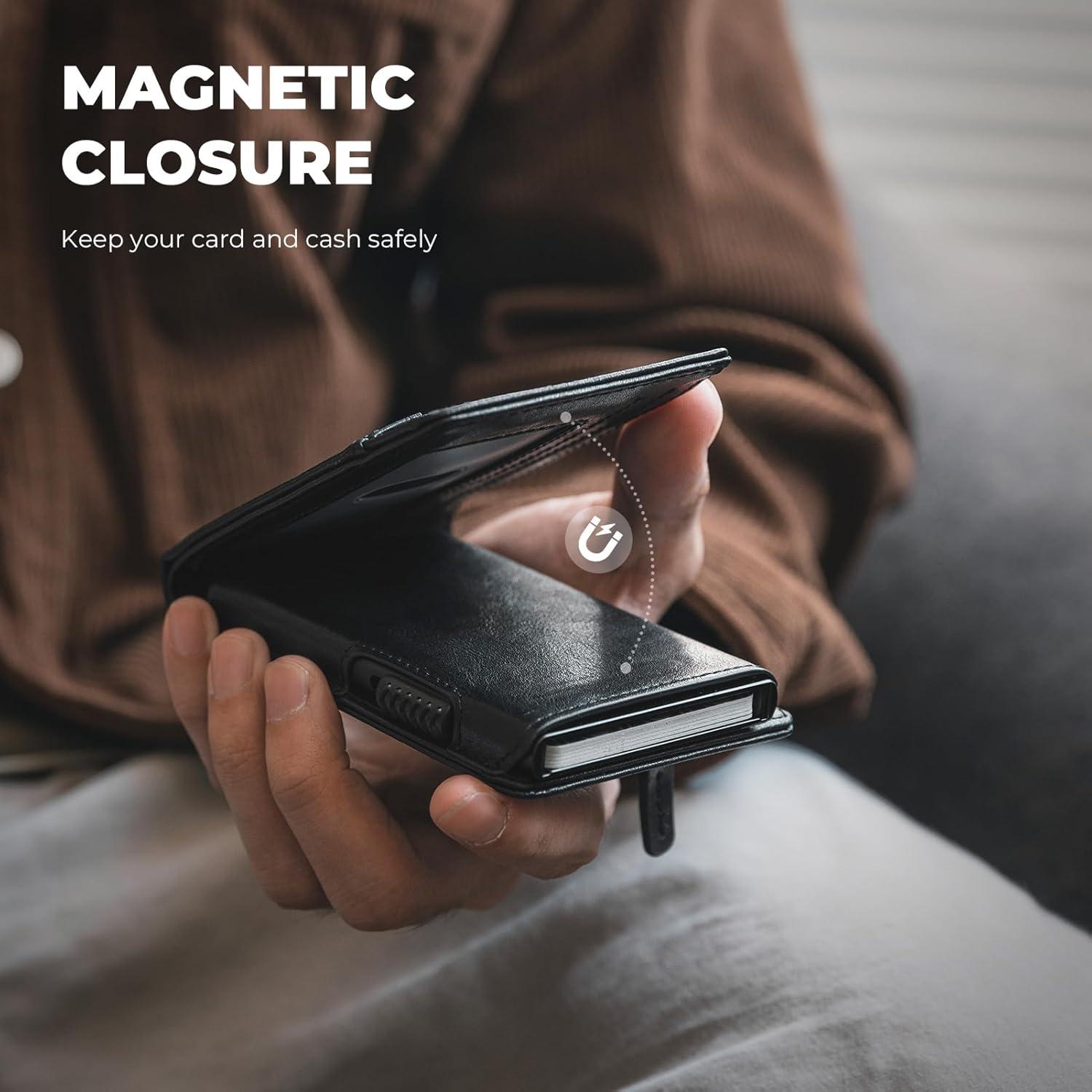 image:imageVULKIT Minimalist Wallet for Men Pop Up Card Holder with RFID Blocking Slim Leather amp Aluminum Front Pocket Wallet for Cash Coins NavyBlack