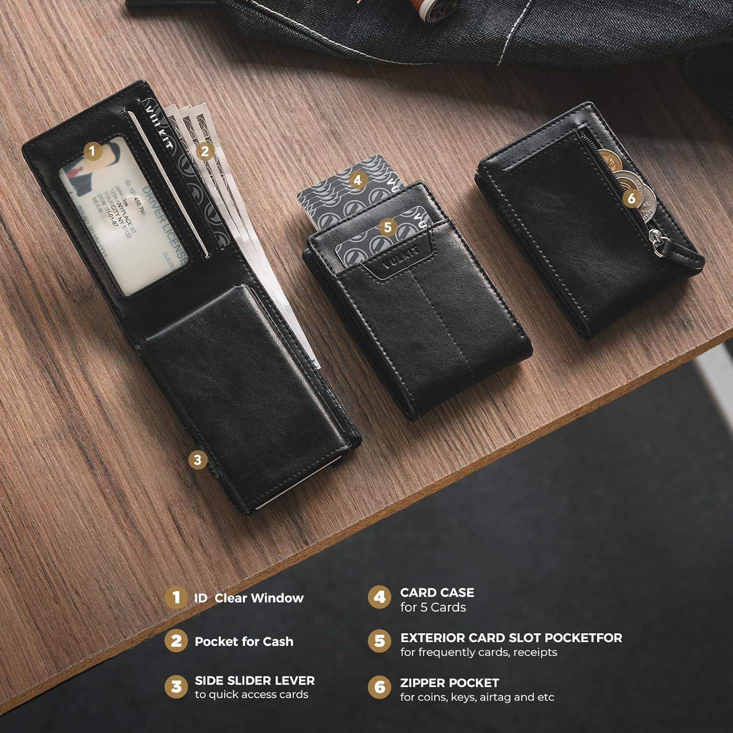 image:imageVULKIT Minimalist Wallet for Men Pop Up Card Holder with RFID Blocking Slim Leather amp Aluminum Front Pocket Wallet for Cash Coins NavyBlack
