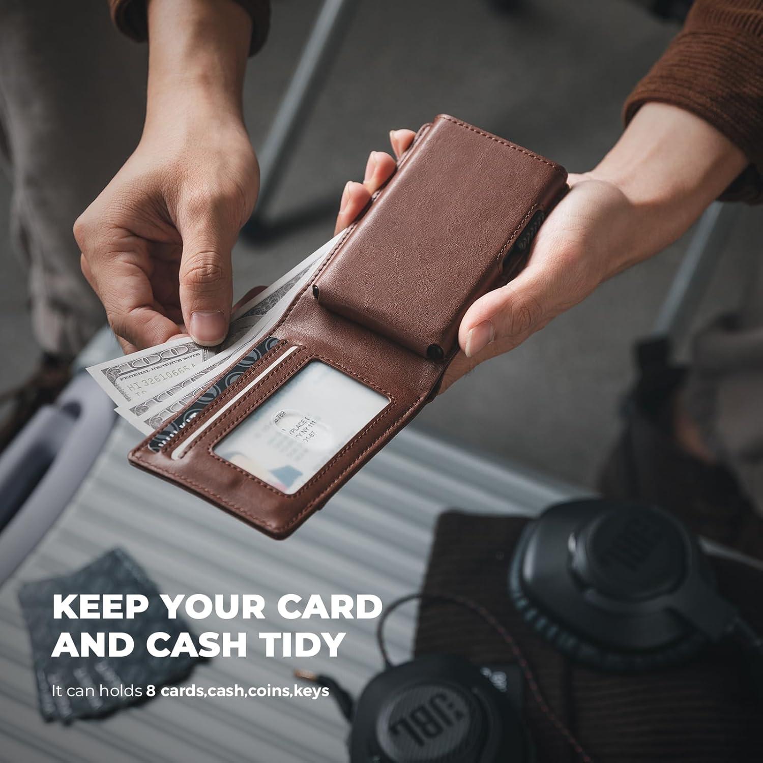 image:imageVULKIT Minimalist Wallet for Men Pop Up Card Holder with RFID Blocking Slim Leather amp Aluminum Front Pocket Wallet for Cash Coins NavyBrown