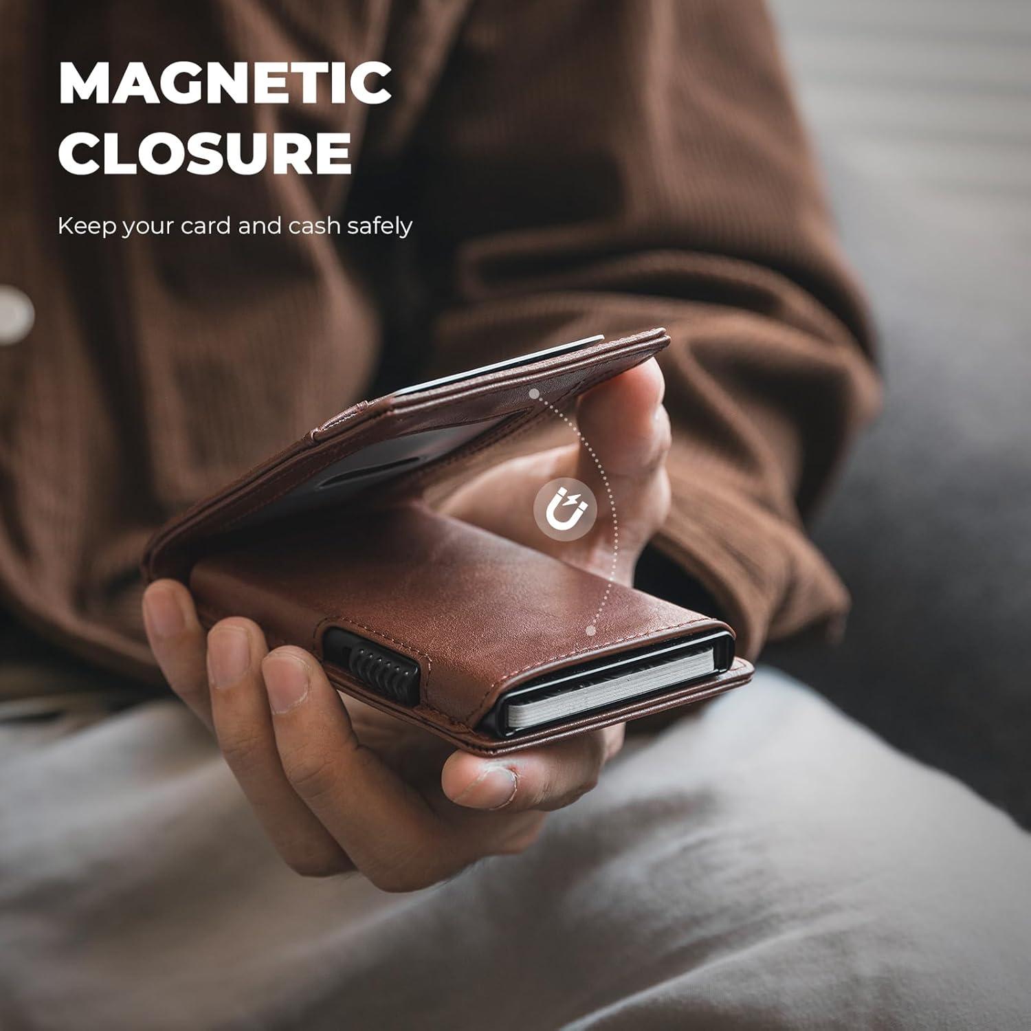 image:imageVULKIT Minimalist Wallet for Men Pop Up Card Holder with RFID Blocking Slim Leather amp Aluminum Front Pocket Wallet for Cash Coins NavyBrown