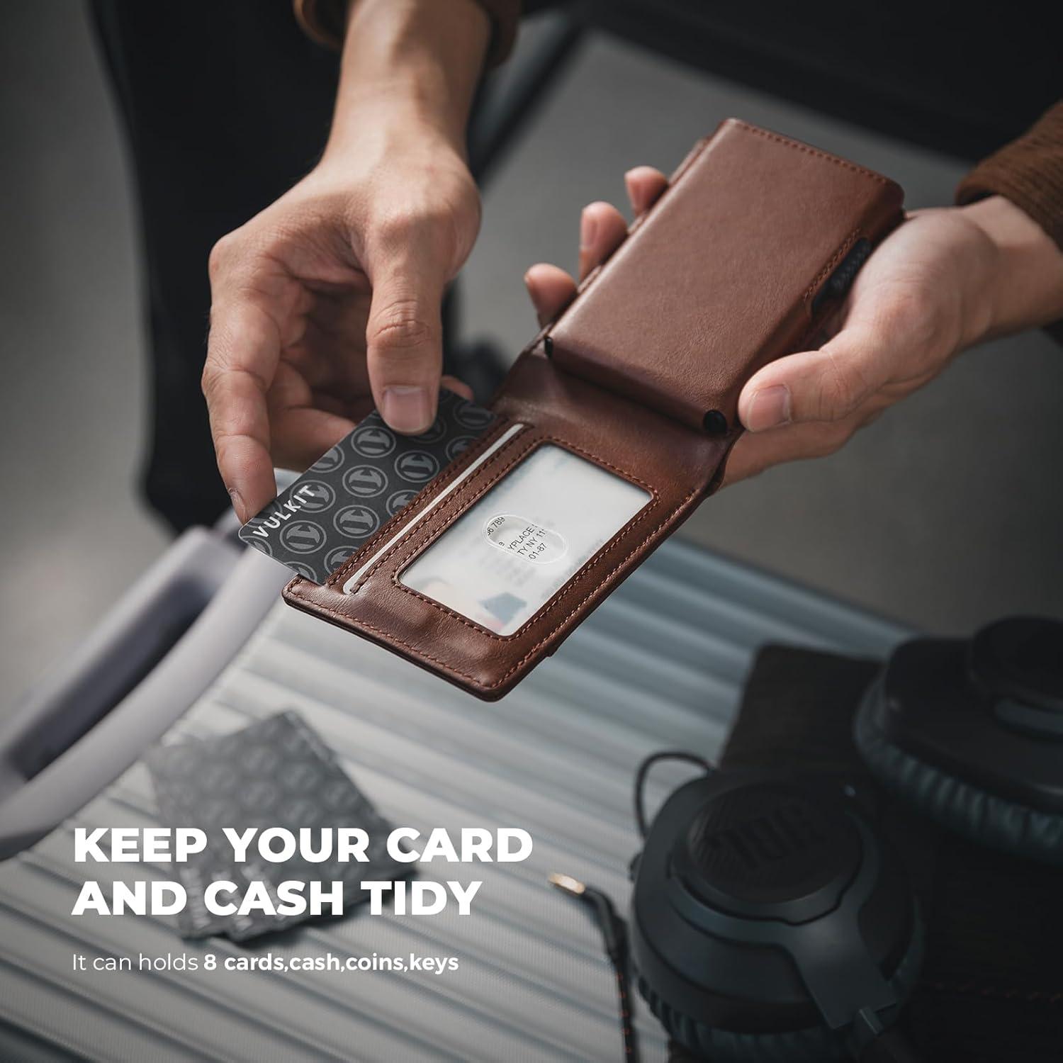 image:imageVULKIT Minimalist Wallet for Men Pop Up Card Holder with RFID Blocking Slim Leather amp Aluminum Front Pocket Wallet for Cash Coins NavyBrown