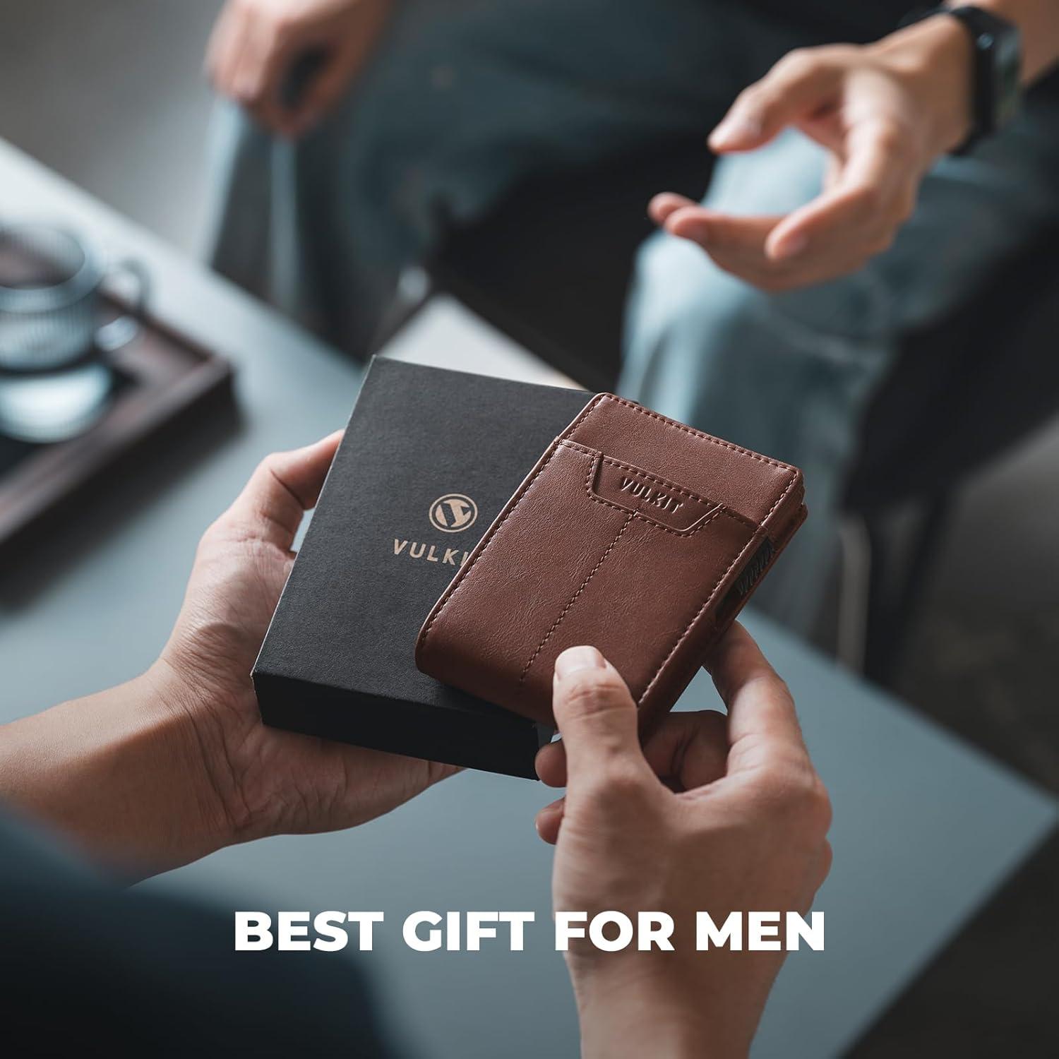 image:imageVULKIT Minimalist Wallet for Men Pop Up Card Holder with RFID Blocking Slim Leather amp Aluminum Front Pocket Wallet for Cash Coins NavyBrown