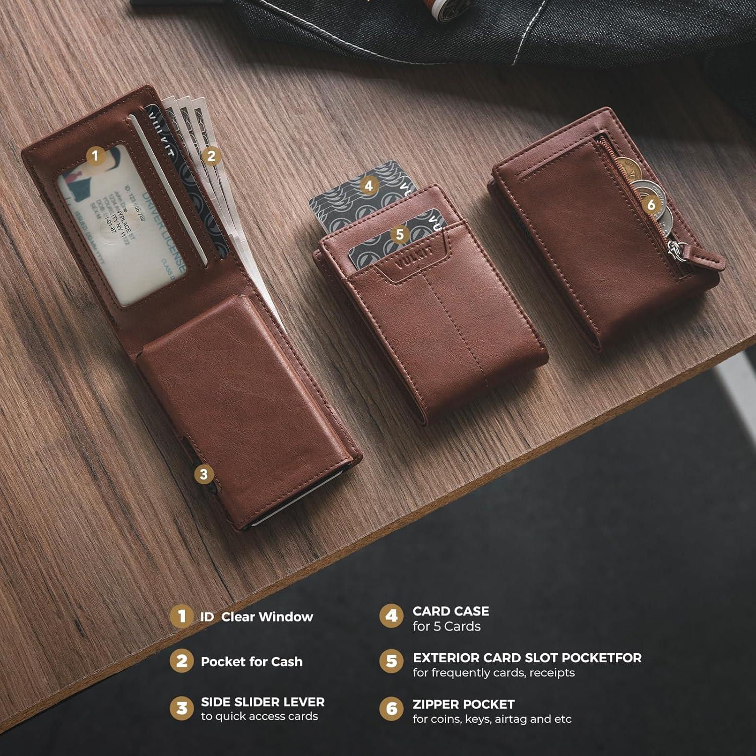 image:imageVULKIT Minimalist Wallet for Men Pop Up Card Holder with RFID Blocking Slim Leather amp Aluminum Front Pocket Wallet for Cash Coins NavyBrown