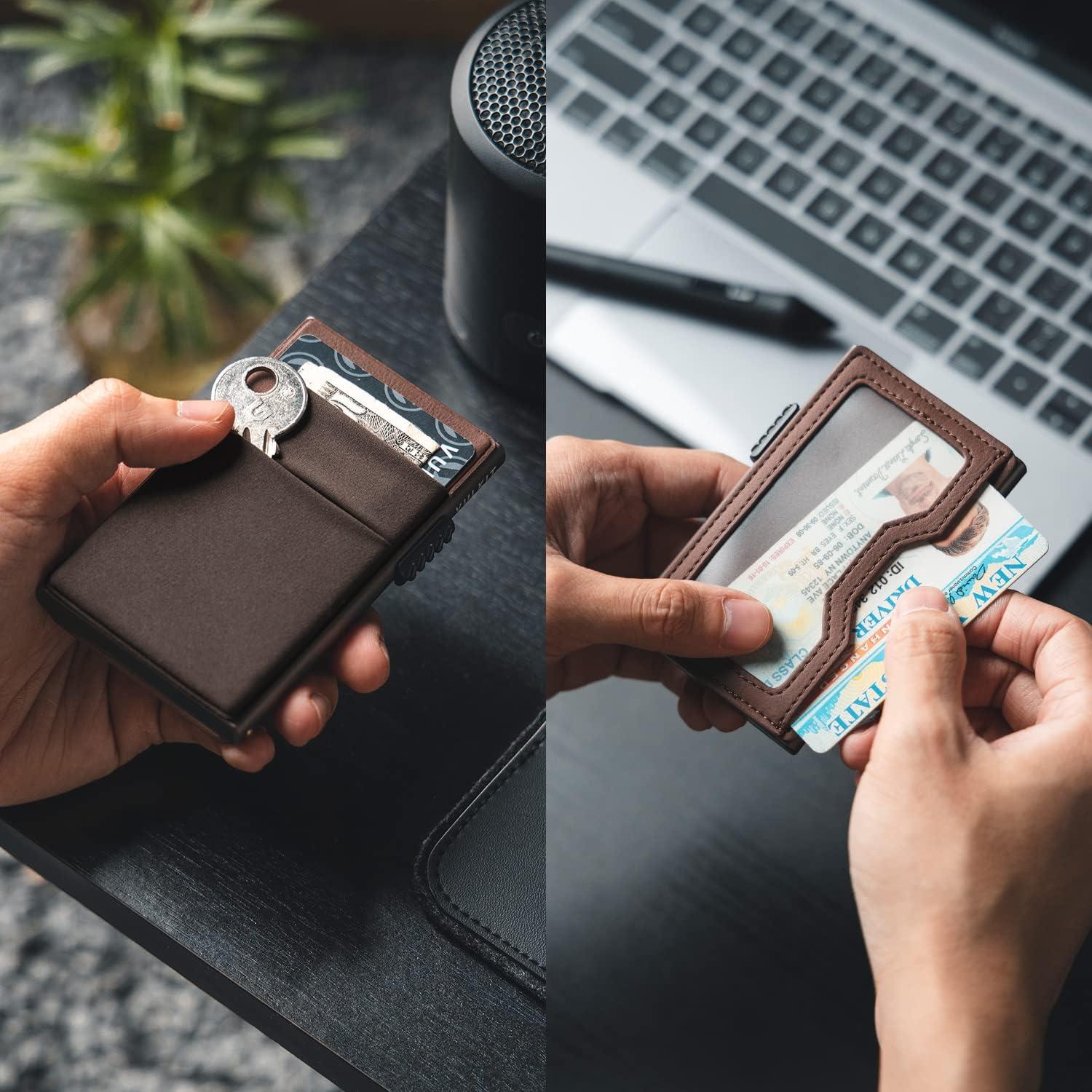 image:imageVULKIT Minimalist Wallet with ID Window amp EDC Pocket Pop Up Card Holder RFID Blocking Slim Wallet Design for Airtag Cash Coins amp Credit CardsEspresso