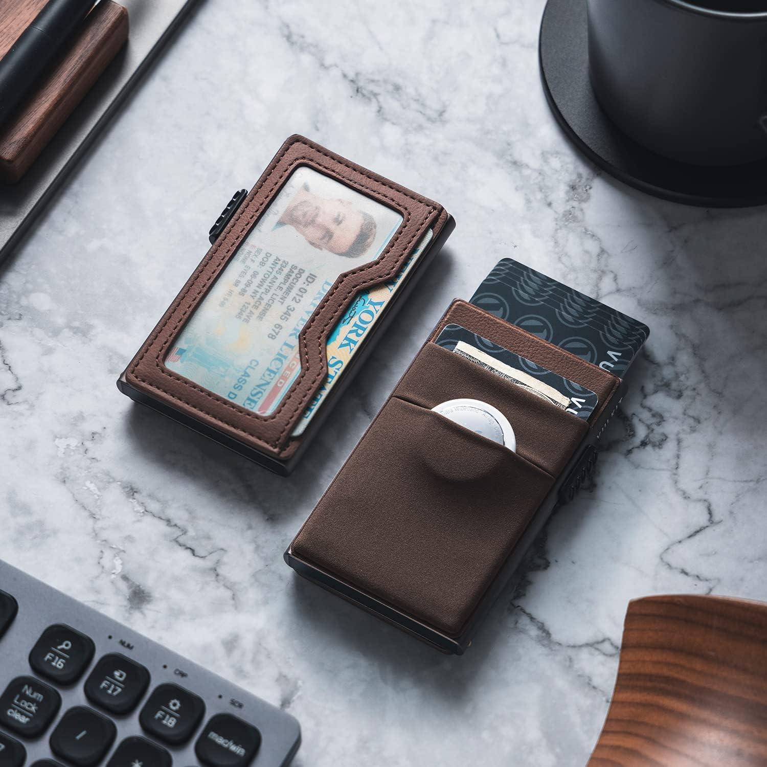 image:imageVULKIT Minimalist Wallet with ID Window amp EDC Pocket Pop Up Card Holder RFID Blocking Slim Wallet Design for Airtag Cash Coins amp Credit CardsEspresso