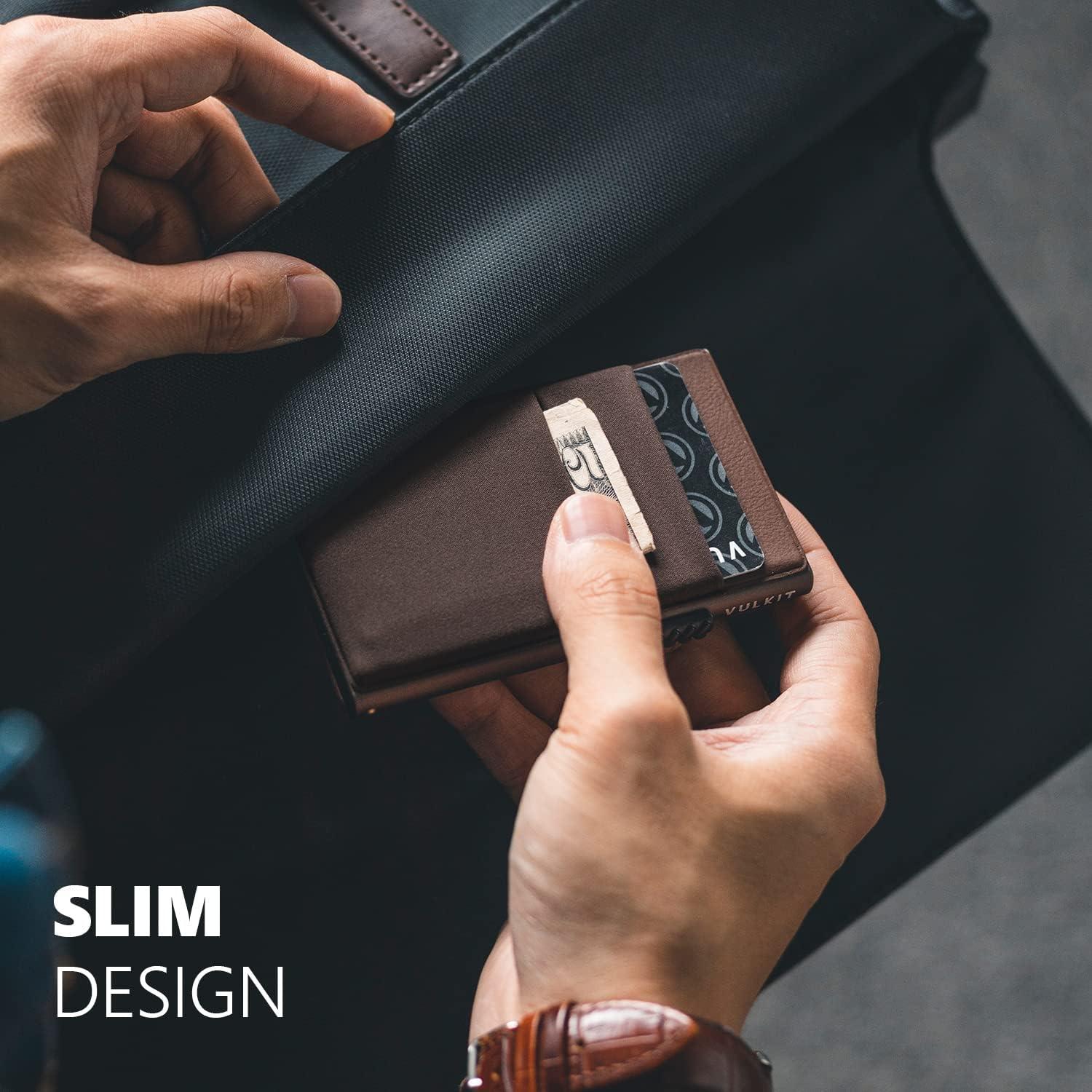 image:imageVULKIT Minimalist Wallet with ID Window amp EDC Pocket Pop Up Card Holder RFID Blocking Slim Wallet Design for Airtag Cash Coins amp Credit CardsEspresso