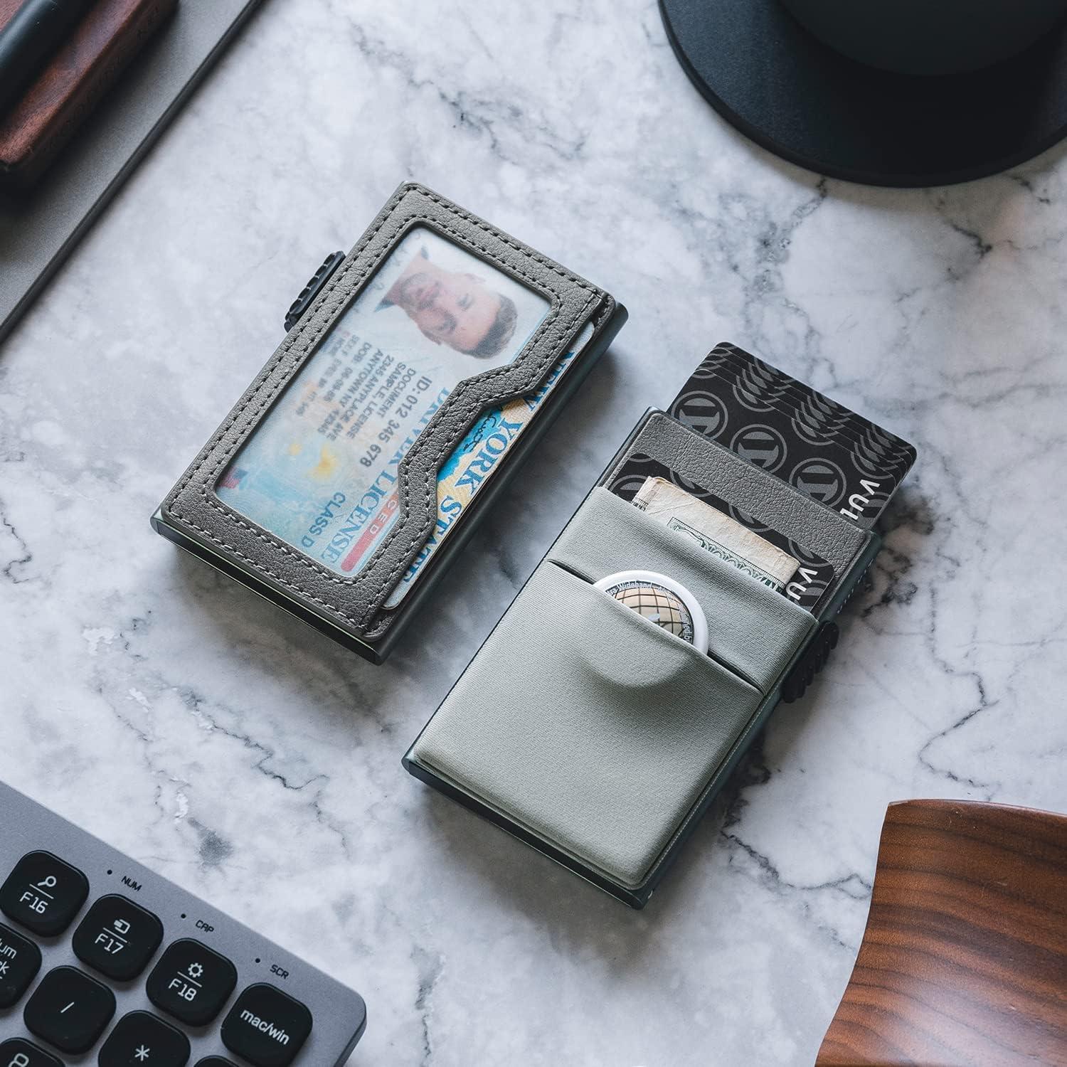 image:imageVULKIT Minimalist Wallet with ID Window amp EDC Pocket Pop Up Card Holder RFID Blocking Slim Wallet Design for Airtag Cash Coins amp Credit CardsGrey
