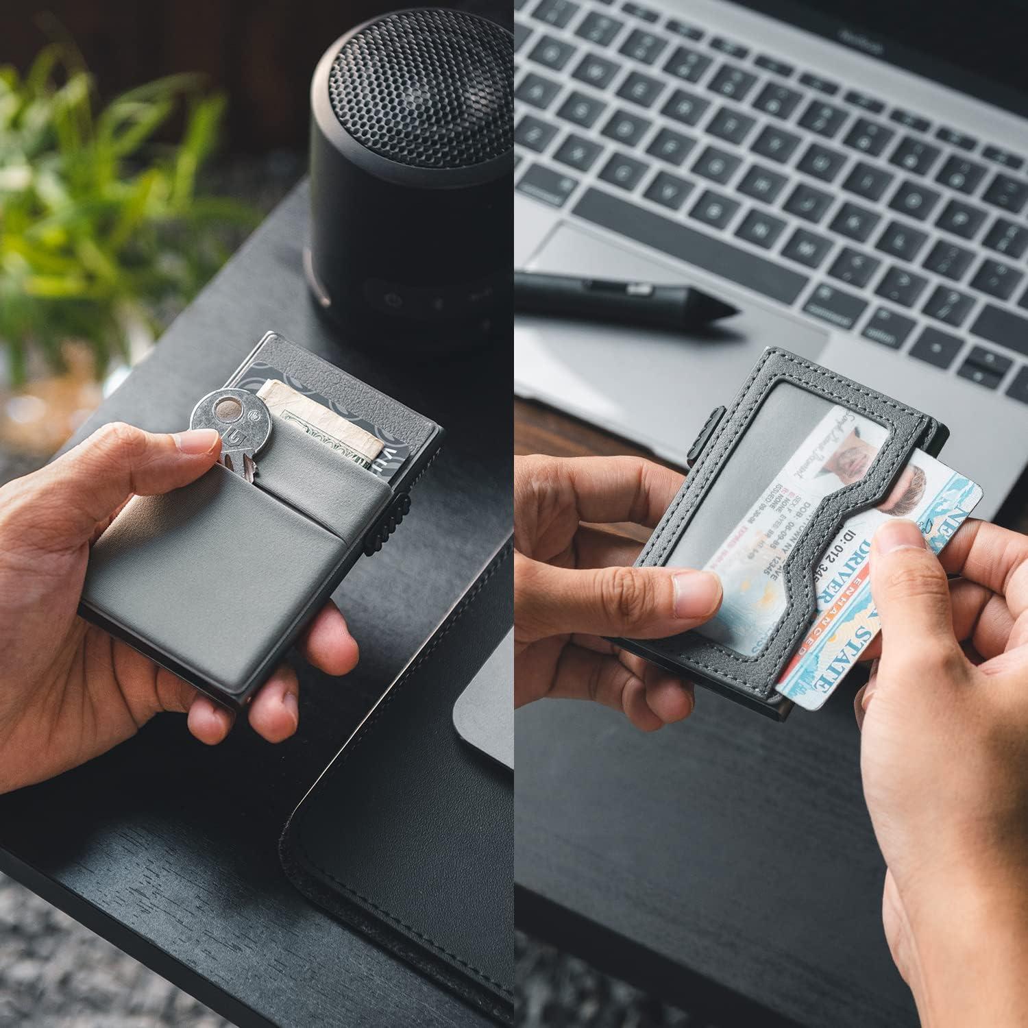 image:imageVULKIT Minimalist Wallet with ID Window amp EDC Pocket Pop Up Card Holder RFID Blocking Slim Wallet Design for Airtag Cash Coins amp Credit CardsGrey