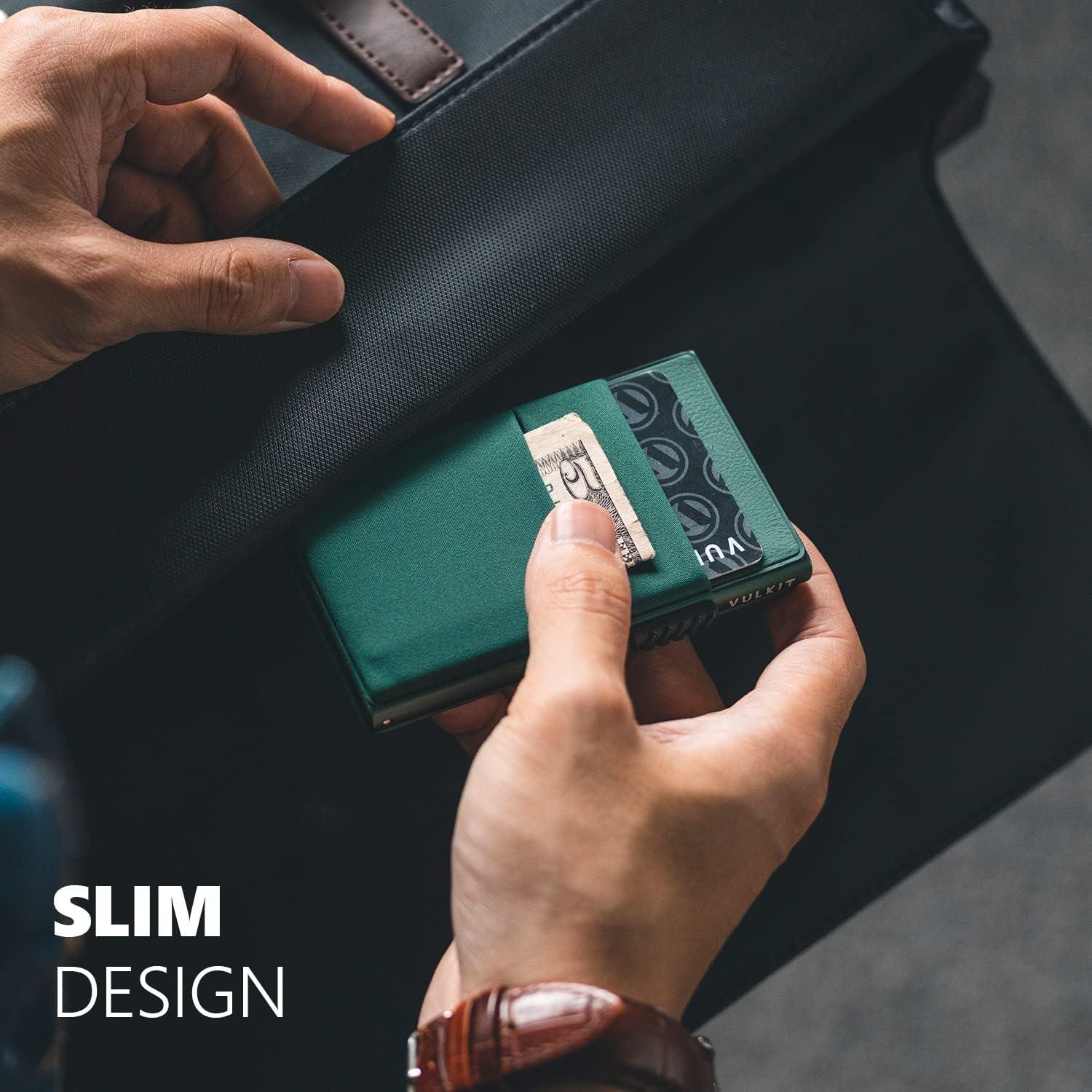 image:imageVULKIT Minimalist Wallet with ID Window amp EDC Pocket Pop Up Card Holder RFID Blocking Slim Wallet Design for Airtag Cash Coins amp Credit CardsMidnight Green