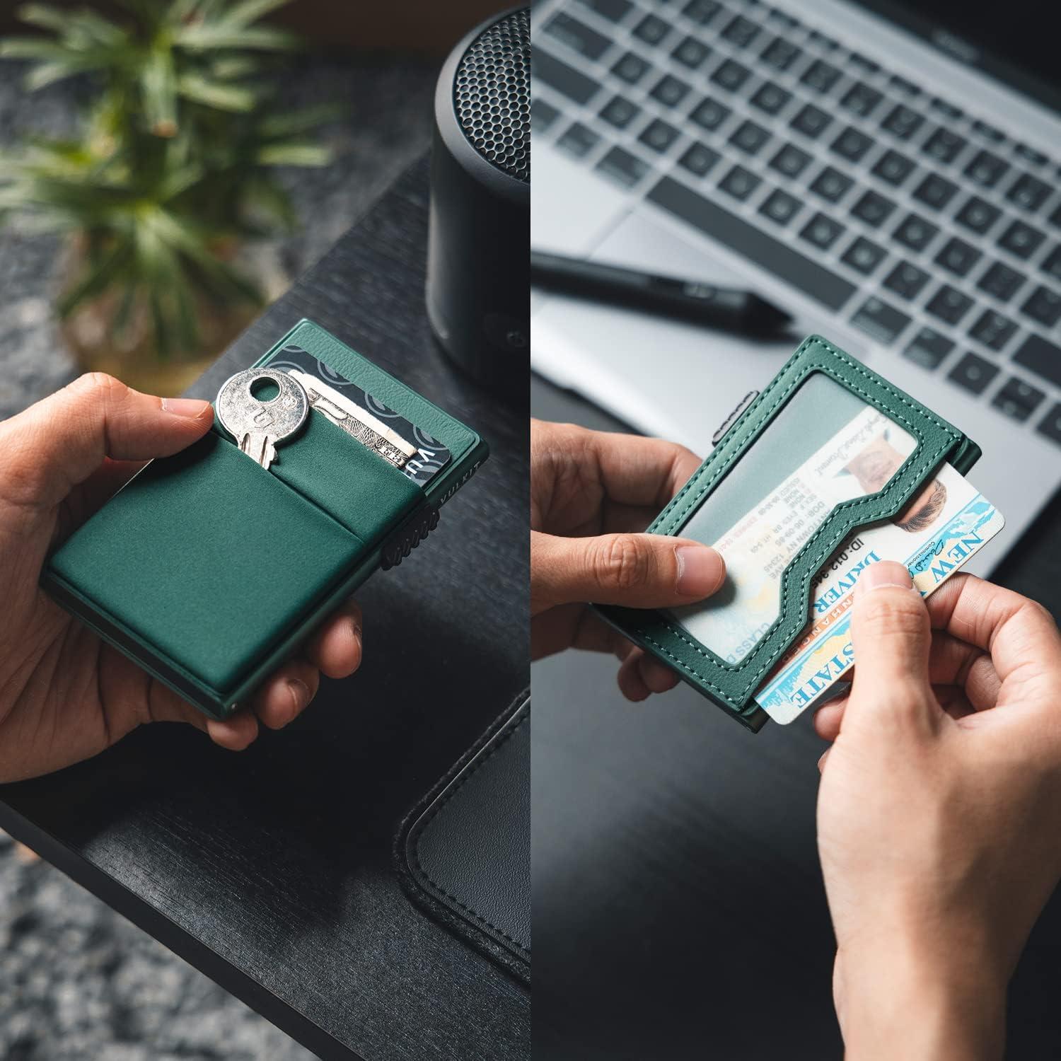 image:imageVULKIT Minimalist Wallet with ID Window amp EDC Pocket Pop Up Card Holder RFID Blocking Slim Wallet Design for Airtag Cash Coins amp Credit CardsMidnight Green