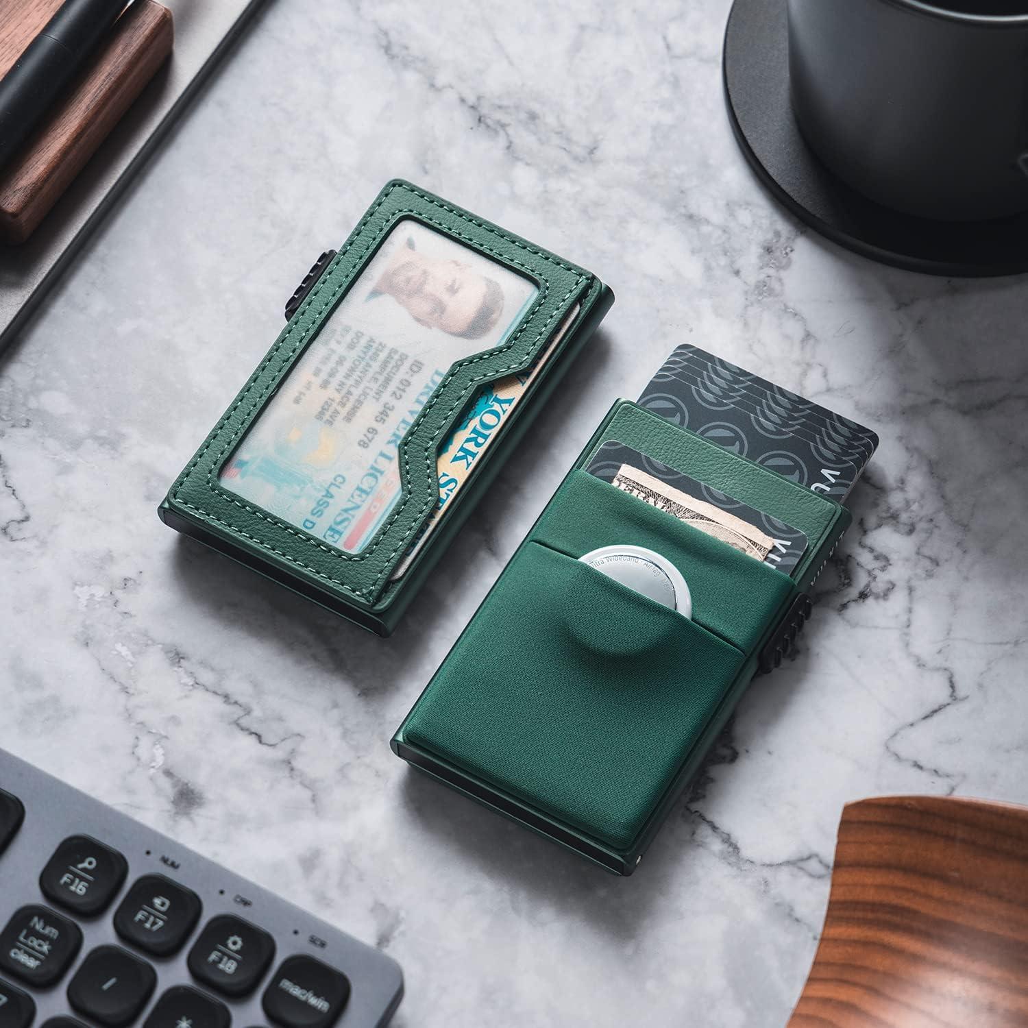 image:imageVULKIT Minimalist Wallet with ID Window amp EDC Pocket Pop Up Card Holder RFID Blocking Slim Wallet Design for Airtag Cash Coins amp Credit CardsMidnight Green