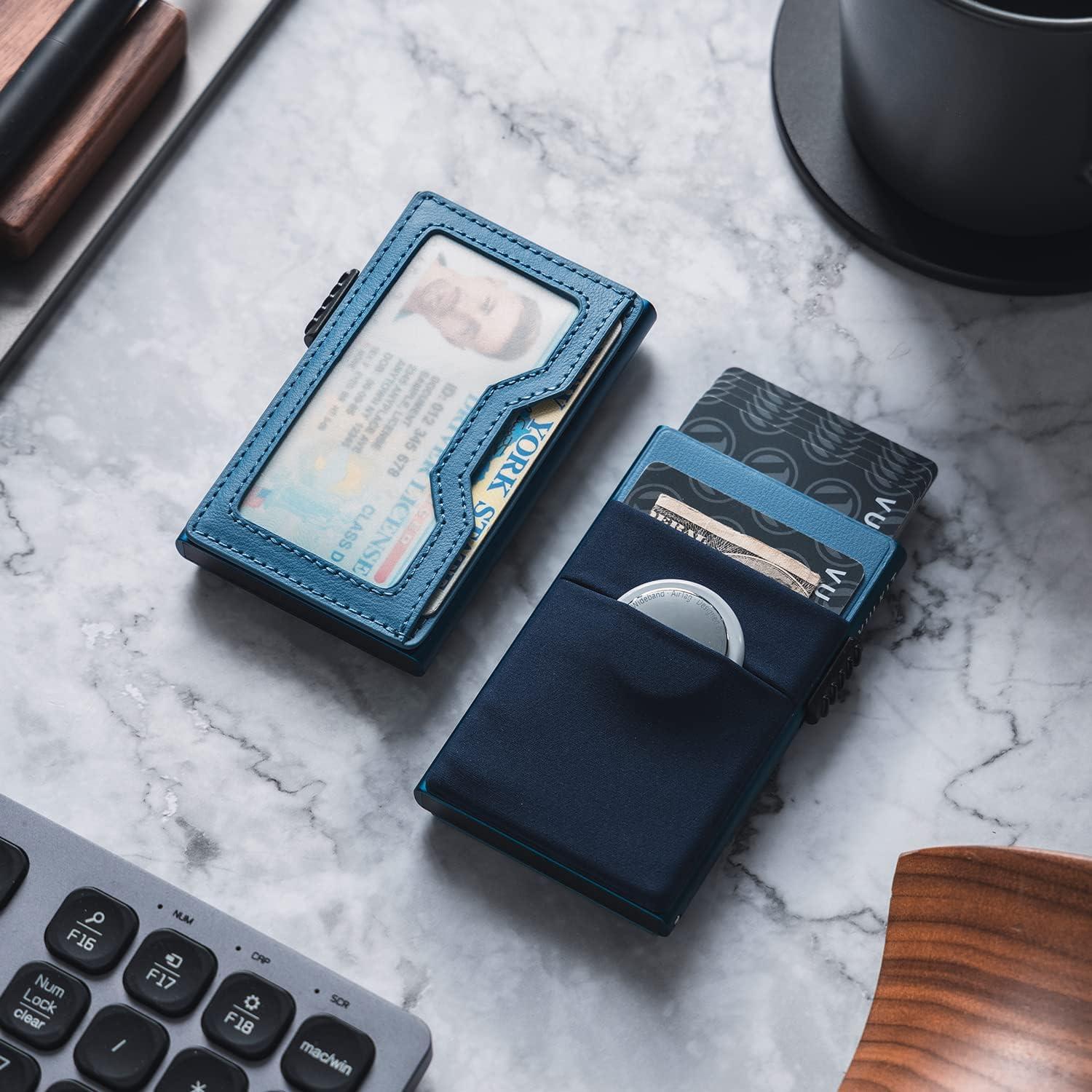 image:imageVULKIT Minimalist Wallet with ID Window amp EDC Pocket Pop Up Card Holder RFID Blocking Slim Wallet Design for Airtag Cash Coins amp Credit CardsNavy