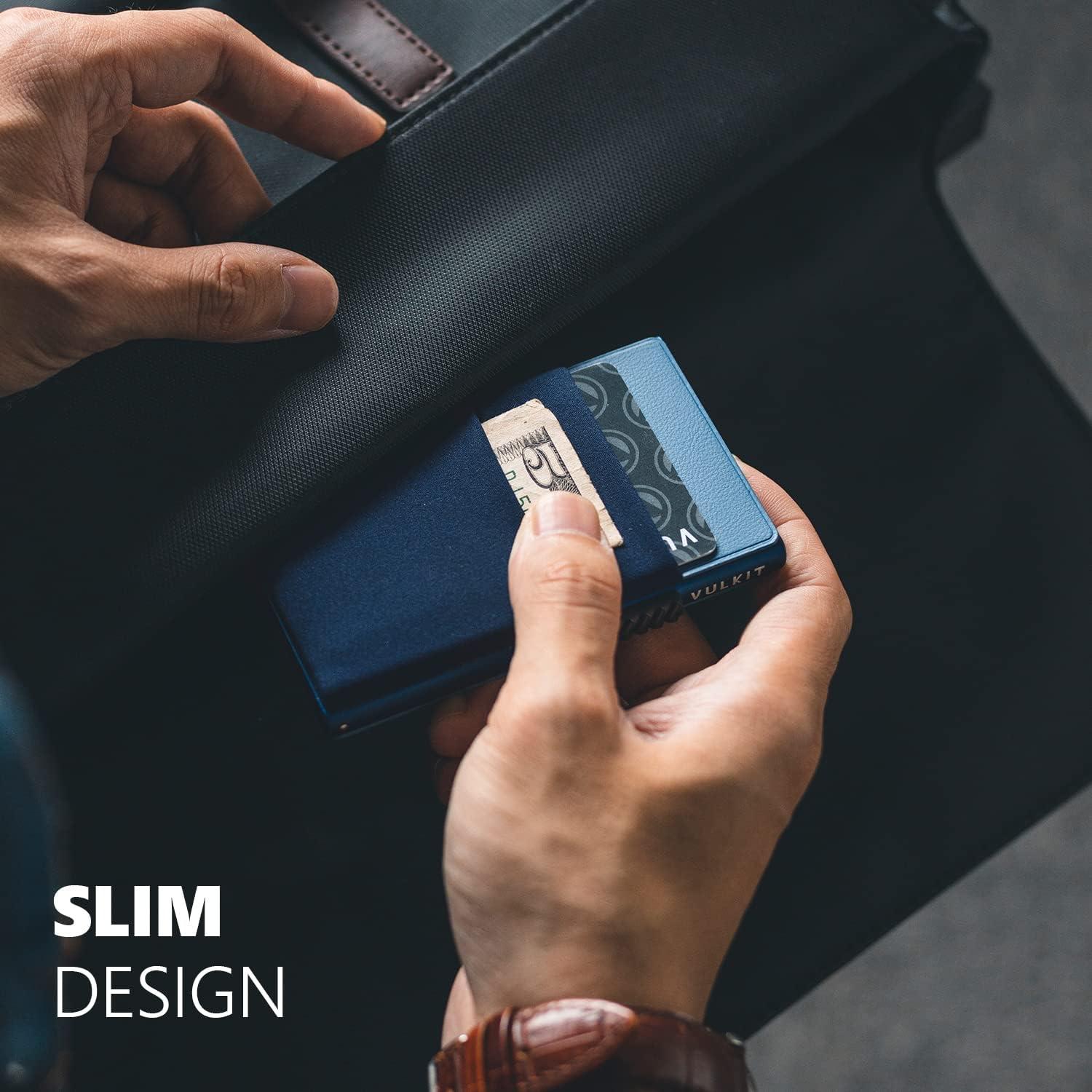 image:imageVULKIT Minimalist Wallet with ID Window amp EDC Pocket Pop Up Card Holder RFID Blocking Slim Wallet Design for Airtag Cash Coins amp Credit CardsNavy