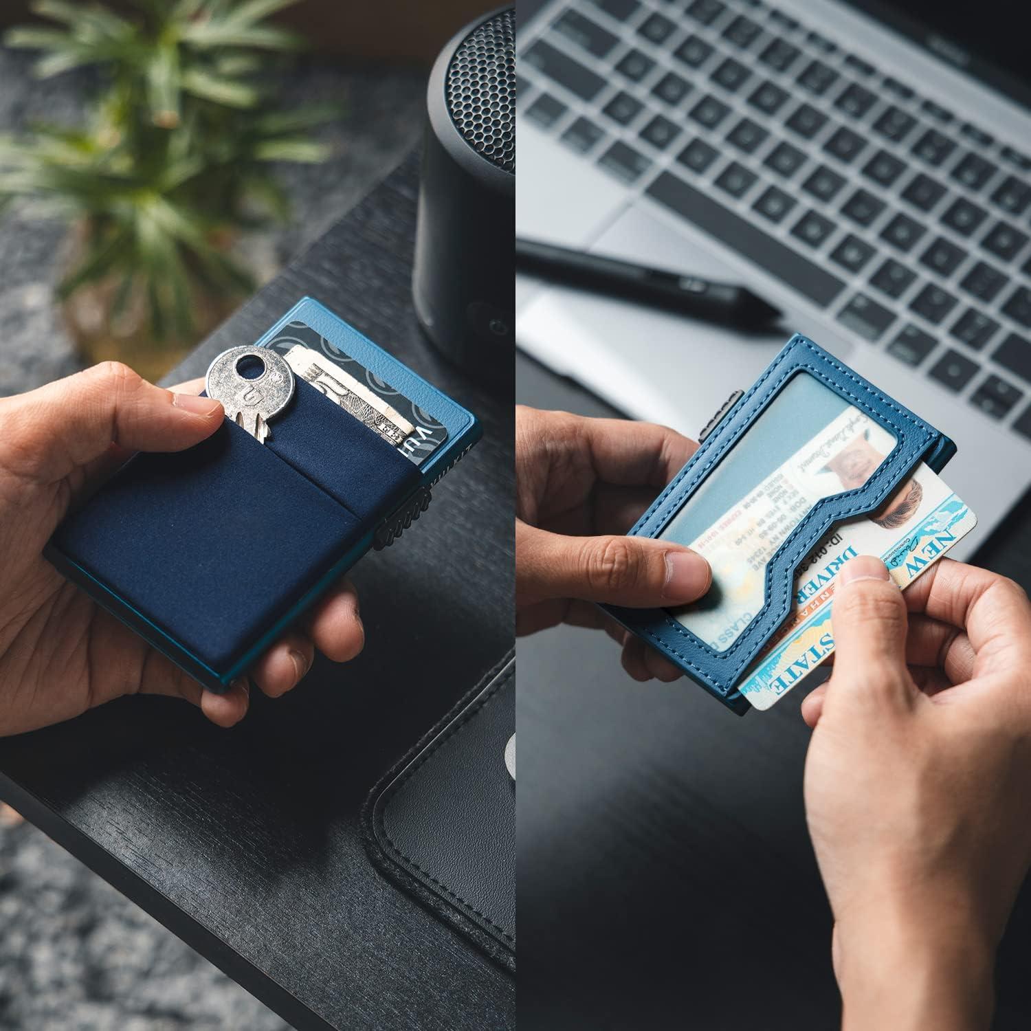 image:imageVULKIT Minimalist Wallet with ID Window amp EDC Pocket Pop Up Card Holder RFID Blocking Slim Wallet Design for Airtag Cash Coins amp Credit CardsNavy