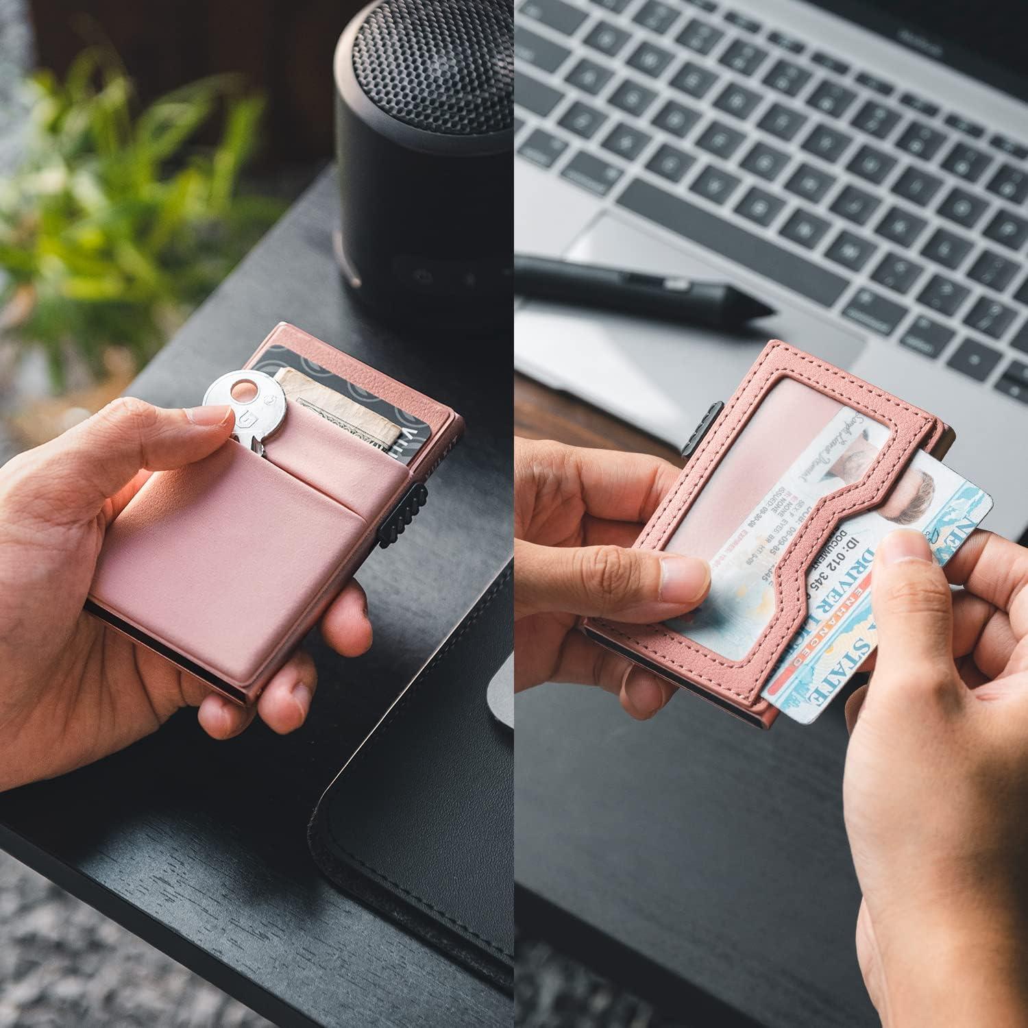image:imageVULKIT Minimalist Wallet with ID Window amp EDC Pocket Pop Up Card Holder RFID Blocking Slim Wallet Design for Airtag Cash Coins amp Credit CardsPink