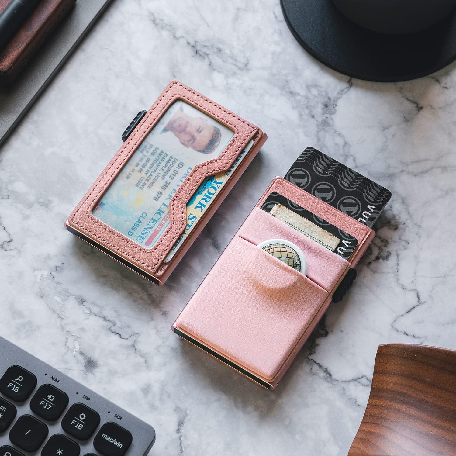 image:imageVULKIT Minimalist Wallet with ID Window amp EDC Pocket Pop Up Card Holder RFID Blocking Slim Wallet Design for Airtag Cash Coins amp Credit CardsPink