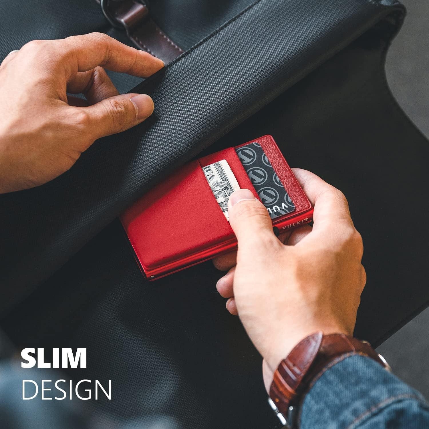 image:imageVULKIT Minimalist Wallet with ID Window amp EDC Pocket Pop Up Card Holder RFID Blocking Slim Wallet Design for Airtag Cash Coins amp Credit CardsRed