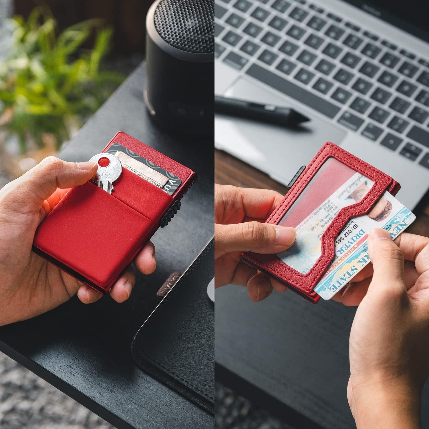 image:imageVULKIT Minimalist Wallet with ID Window amp EDC Pocket Pop Up Card Holder RFID Blocking Slim Wallet Design for Airtag Cash Coins amp Credit CardsRed