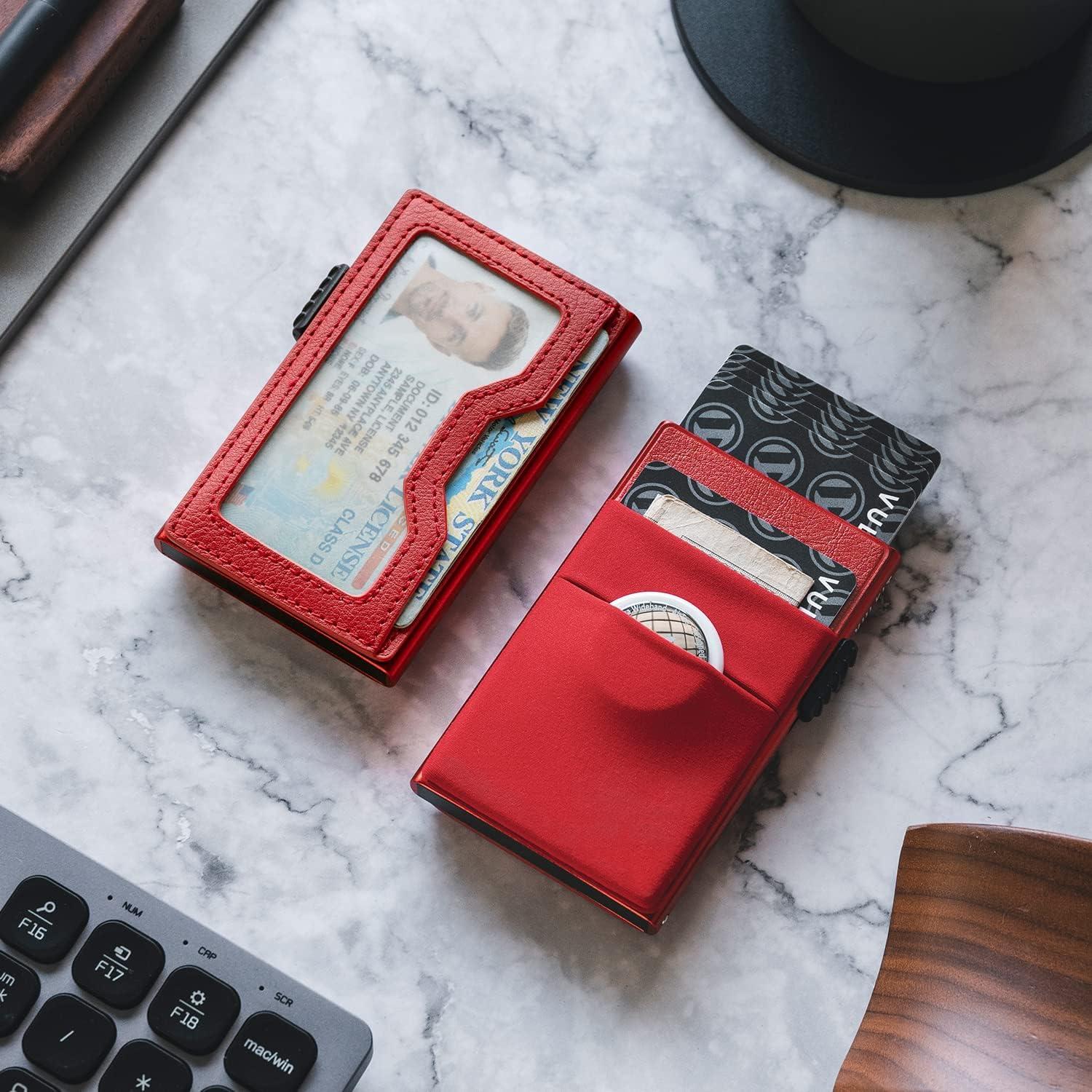 image:imageVULKIT Minimalist Wallet with ID Window amp EDC Pocket Pop Up Card Holder RFID Blocking Slim Wallet Design for Airtag Cash Coins amp Credit CardsRed
