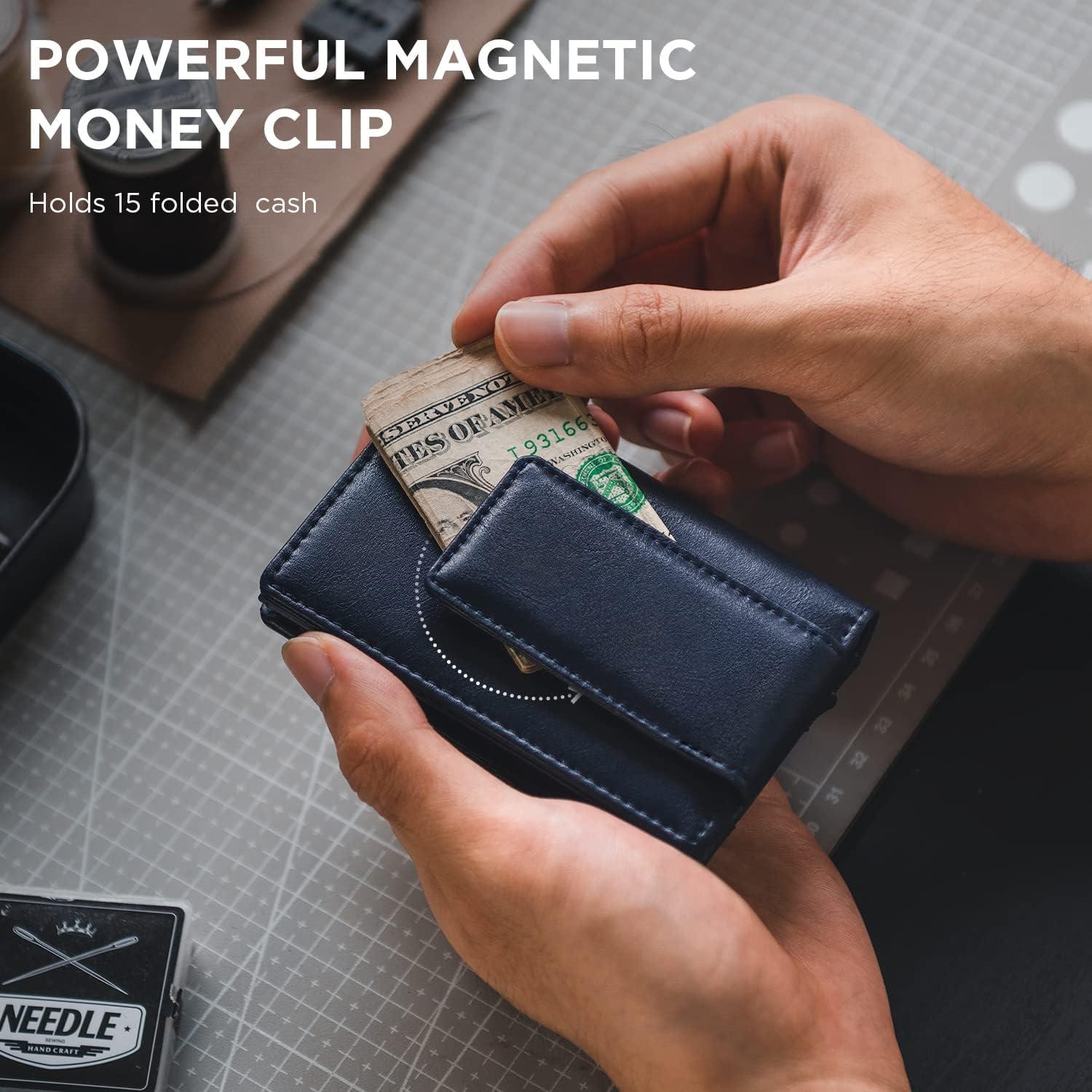 image:imageVULKIT Money Clip Wallet Pop Up Card Holder RFID Protection Mens Leather Wallet 2IN1 Business Card Holder For 7 Cards amp 15 BillsNavy