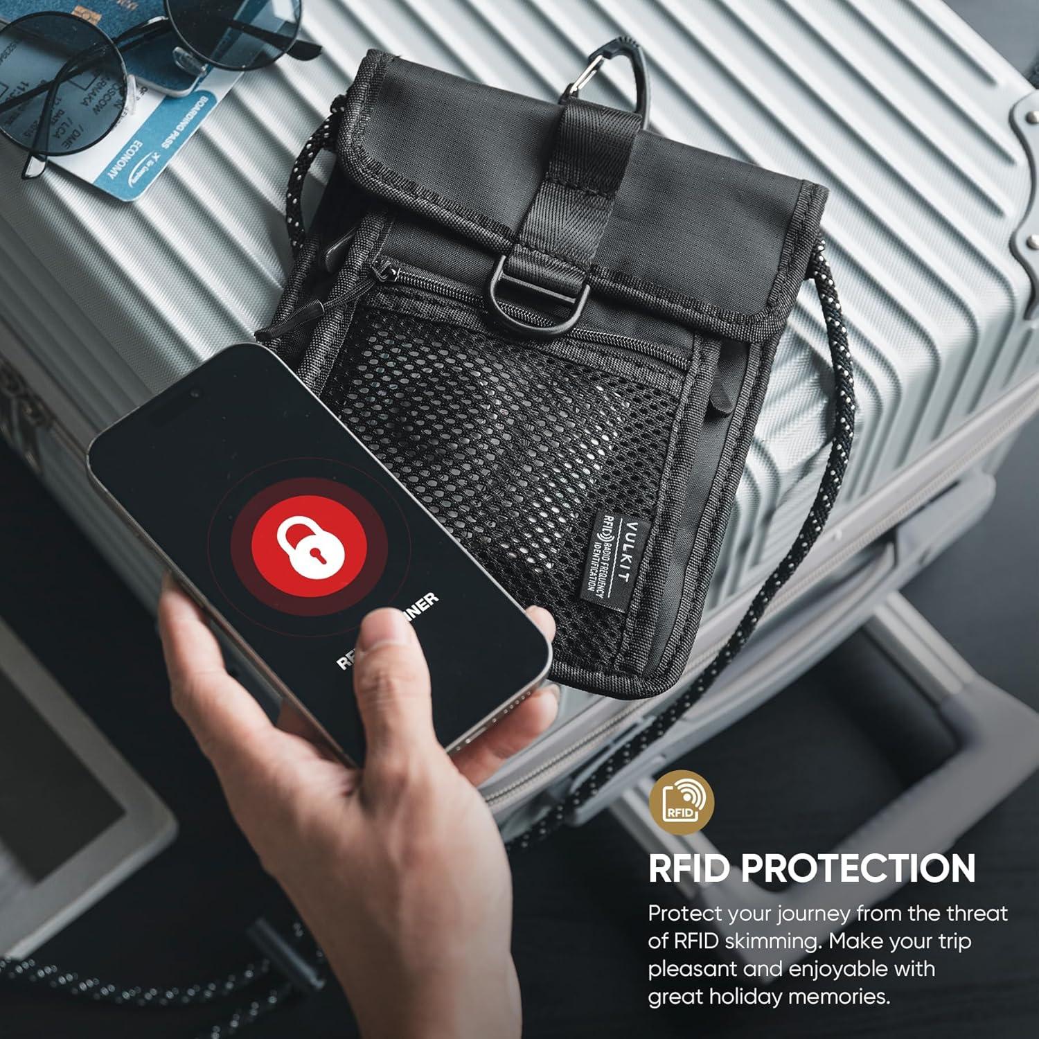 image:imageVULKIT Neck Wallet Passport Holder with RFID Protection Travel Wallet Neck Pouch Travel Essentials for Men WomenBlack