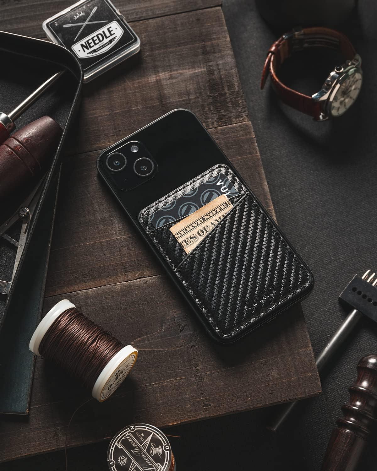 image:imageVULKIT Phone Card Holder Wallet Leather Adhesive Pocket RFID Blocking Credit Card Sleeves Stick Back of Phone Smartphones BlackCarbon Black