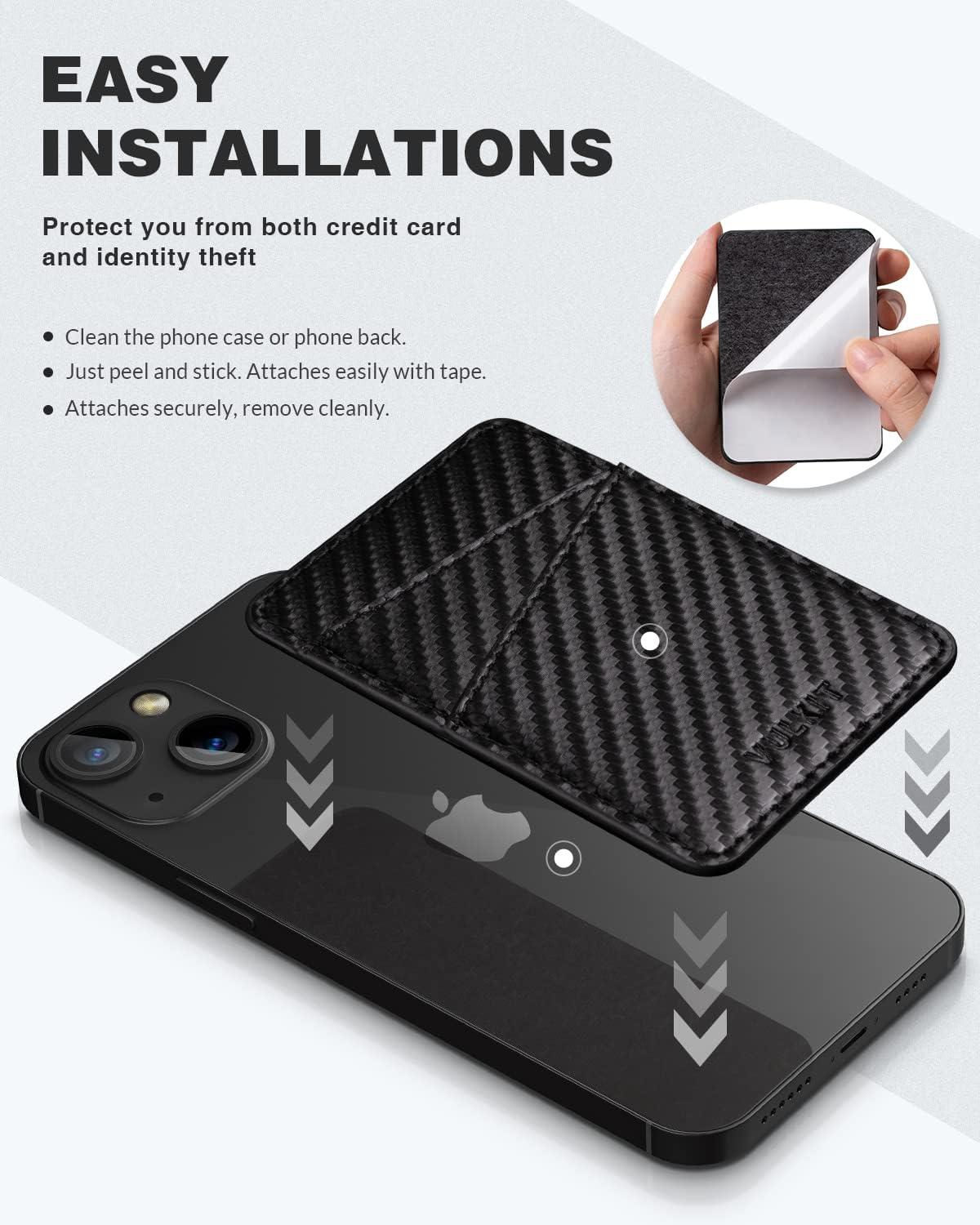 image:imageVULKIT Phone Card Holder Wallet Leather Adhesive Pocket RFID Blocking Credit Card Sleeves Stick Back of Phone Smartphones BlackCarbon Black