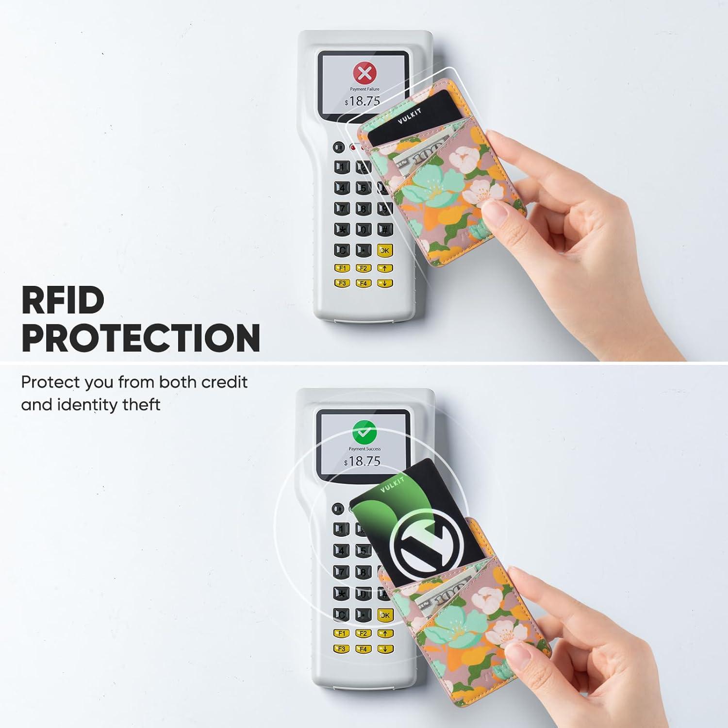 image:imageVULKIT Phone Card Holder Wallet Leather Adhesive Pocket RFID Blocking Credit Card Sleeves Stick Back of Phone Smartphones BlackFlower