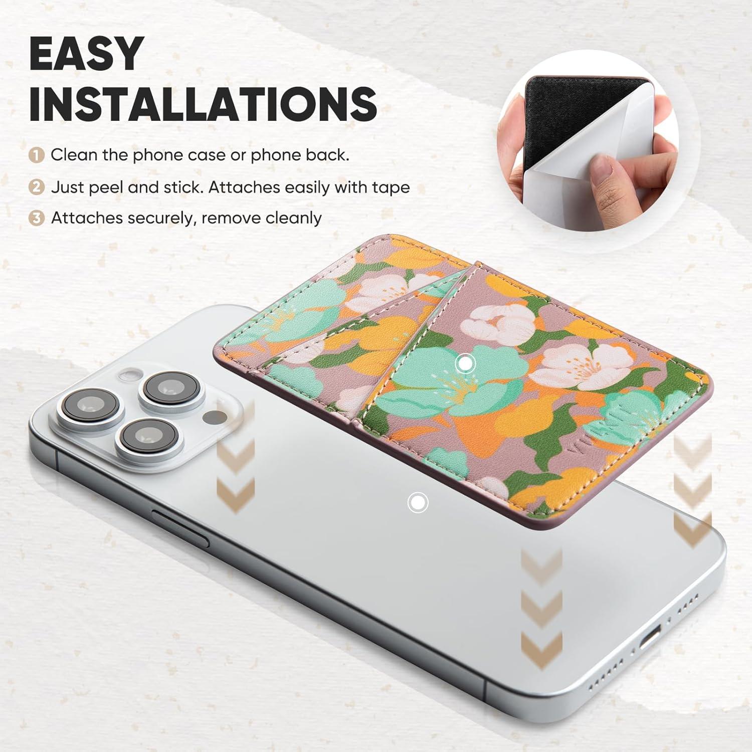 image:imageVULKIT Phone Card Holder Wallet Leather Adhesive Pocket RFID Blocking Credit Card Sleeves Stick Back of Phone Smartphones BlackFlower