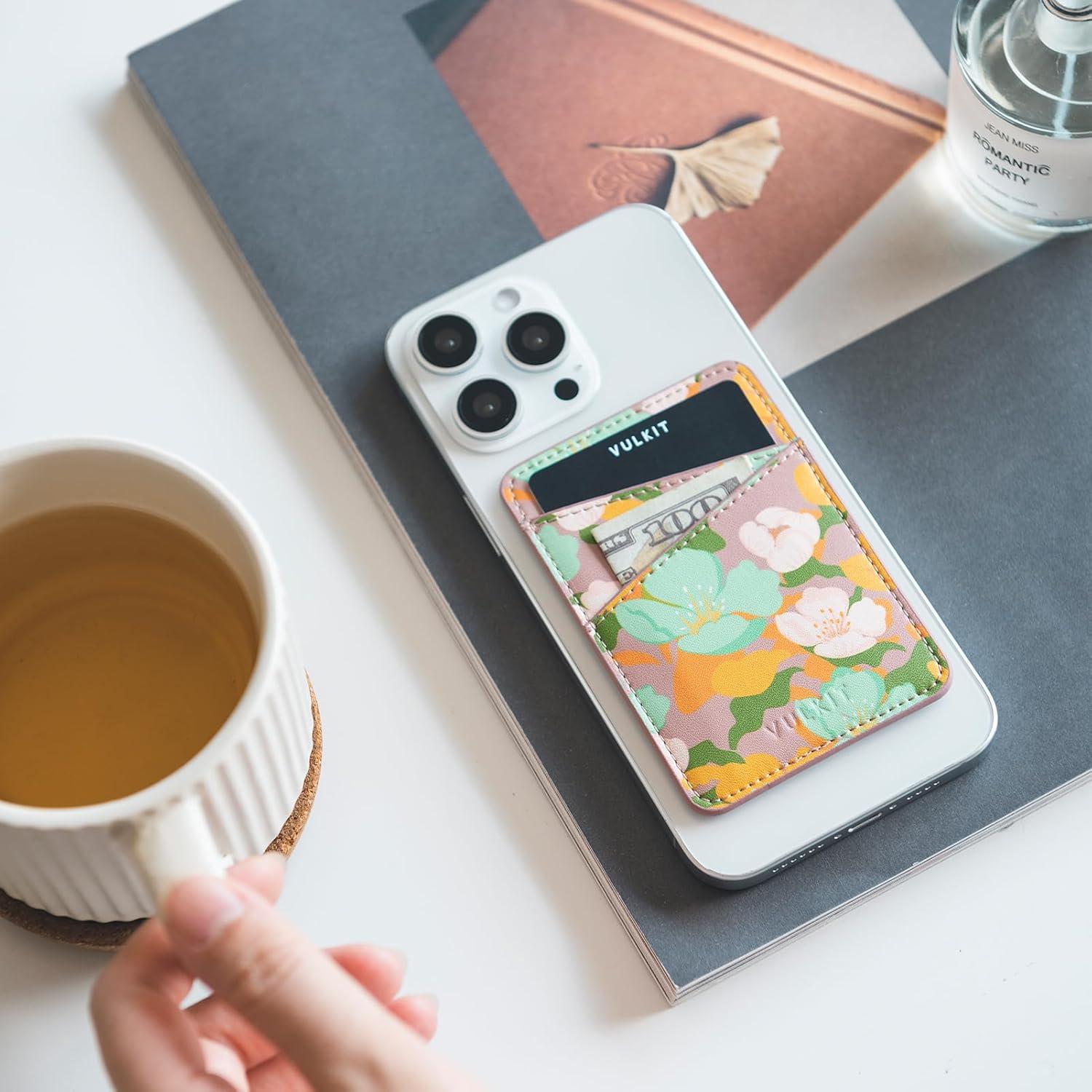 image:imageVULKIT Phone Card Holder Wallet Leather Adhesive Pocket RFID Blocking Credit Card Sleeves Stick Back of Phone Smartphones BlackFlower