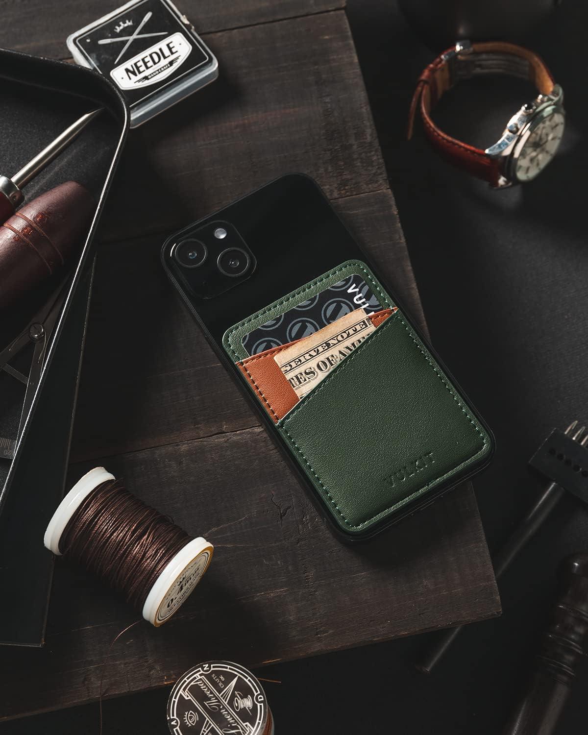image:imageVULKIT Phone Card Holder Wallet Leather Adhesive Pocket RFID Blocking Credit Card Sleeves Stick Back of Phone Smartphones BlackGreen