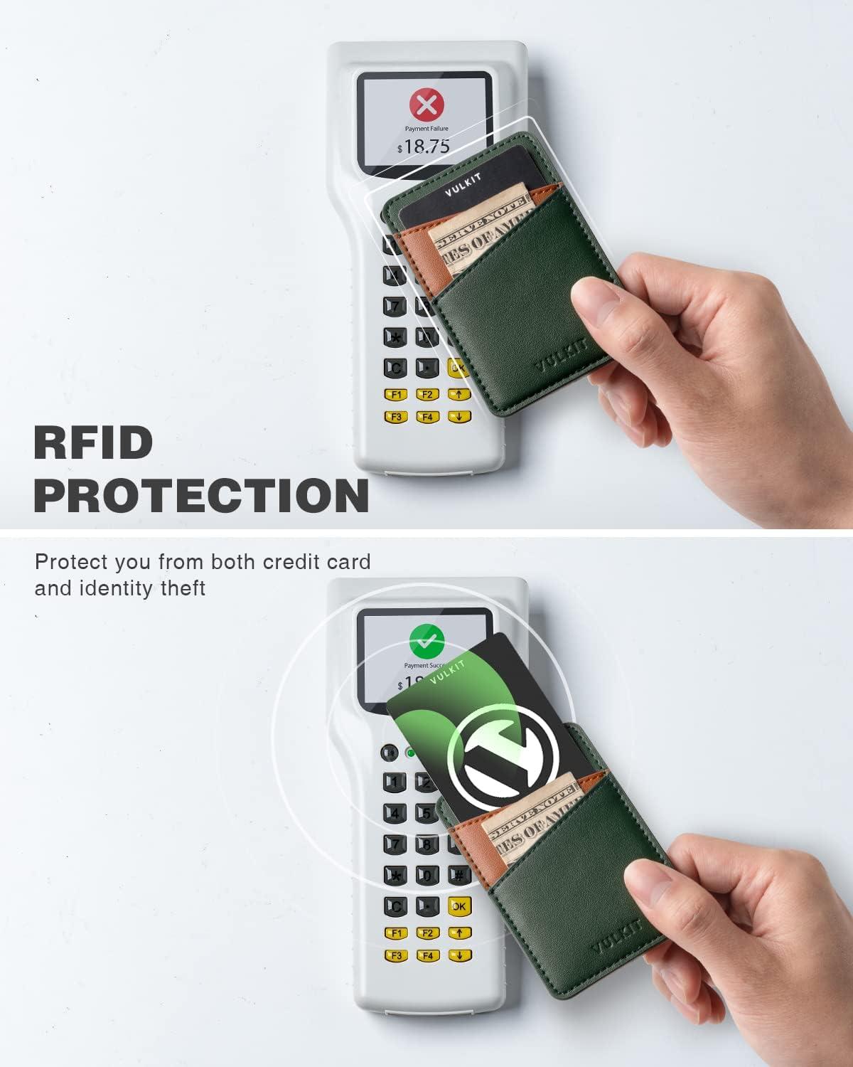 image:imageVULKIT Phone Card Holder Wallet Leather Adhesive Pocket RFID Blocking Credit Card Sleeves Stick Back of Phone Smartphones BlackGreen