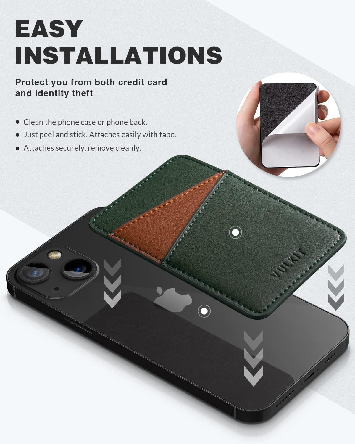 image:imageVULKIT Phone Card Holder Wallet Leather Adhesive Pocket RFID Blocking Credit Card Sleeves Stick Back of Phone Smartphones BlackGreen