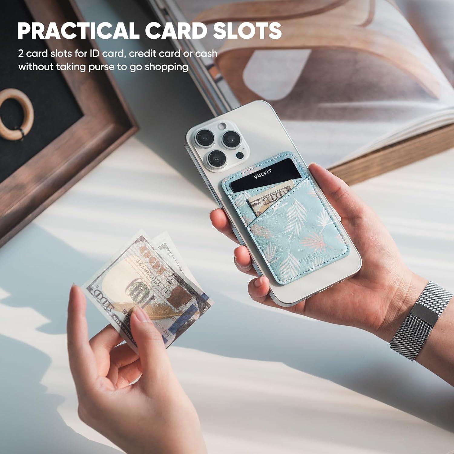 image:imageVULKIT Phone Card Holder Wallet Leather Adhesive Pocket RFID Blocking Credit Card Sleeves Stick Back of Phone Smartphones BlackLeaf Blue