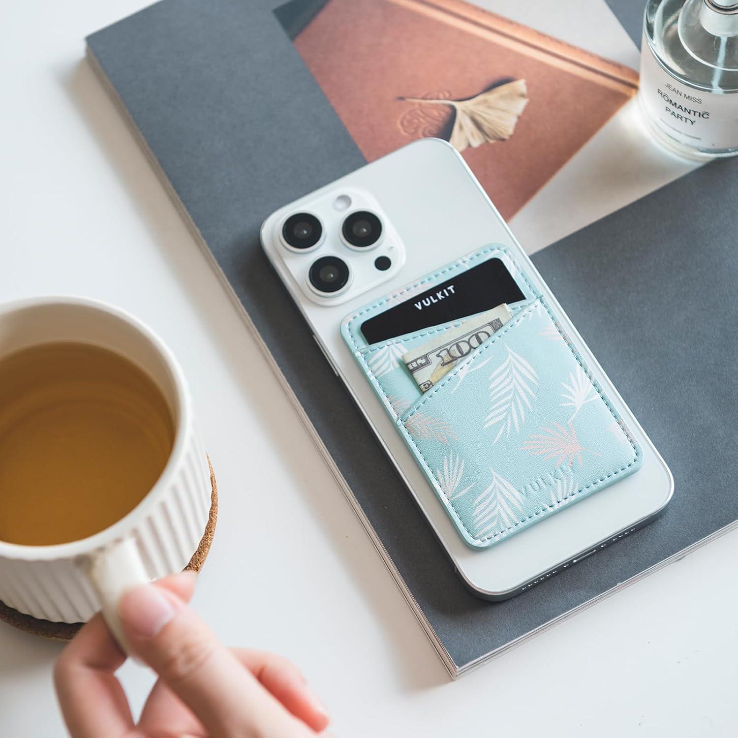 image:imageVULKIT Phone Card Holder Wallet Leather Adhesive Pocket RFID Blocking Credit Card Sleeves Stick Back of Phone Smartphones BlackLeaf Blue