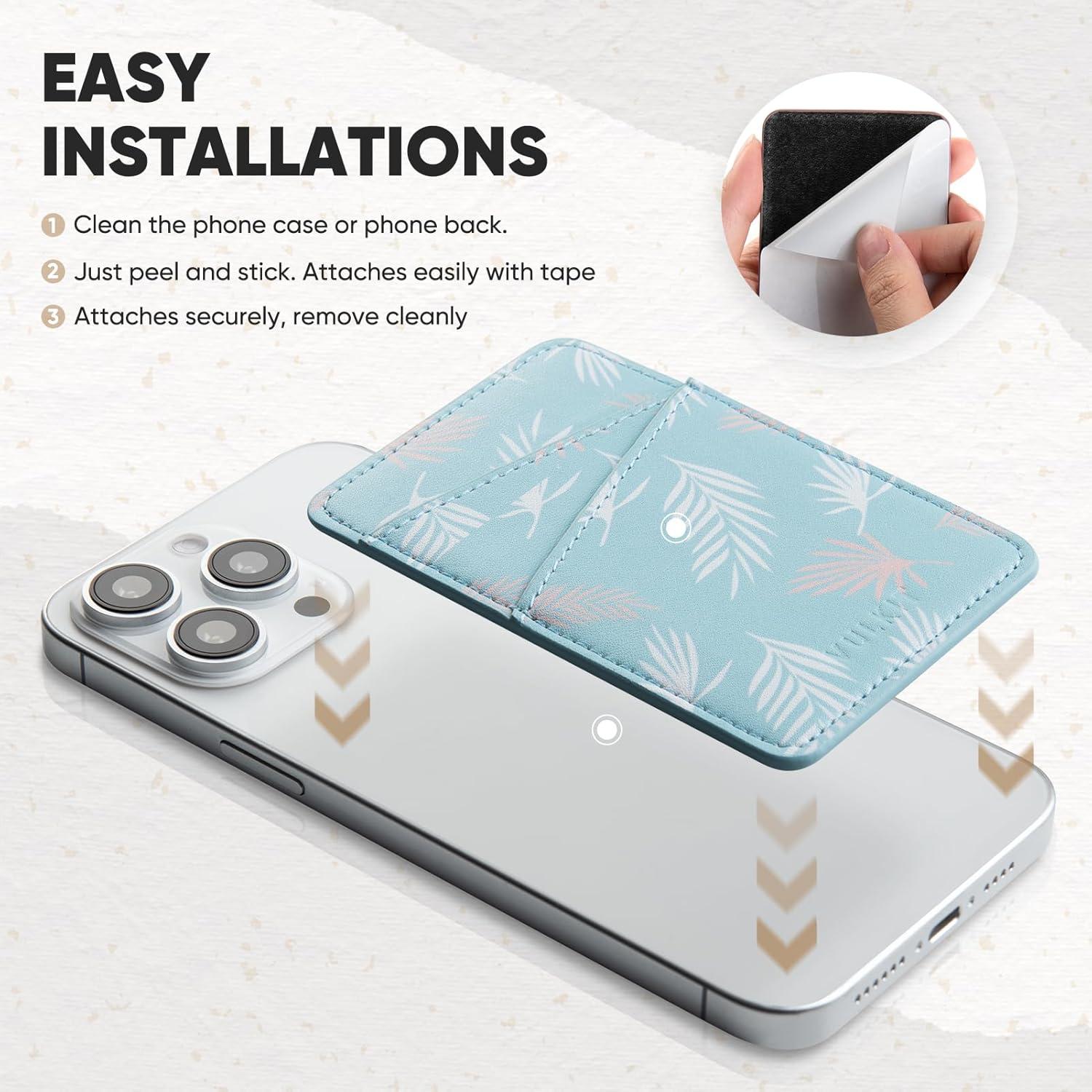 image:imageVULKIT Phone Card Holder Wallet Leather Adhesive Pocket RFID Blocking Credit Card Sleeves Stick Back of Phone Smartphones BlackLeaf Blue
