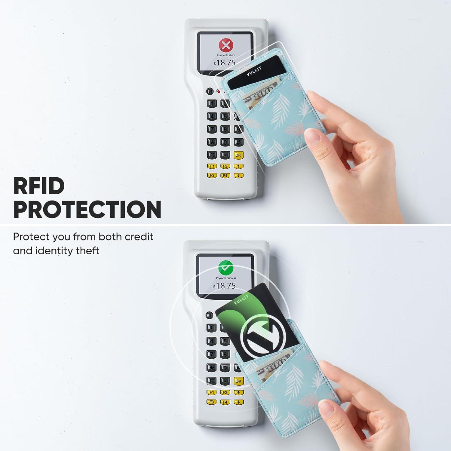 image:imageVULKIT Phone Card Holder Wallet Leather Adhesive Pocket RFID Blocking Credit Card Sleeves Stick Back of Phone Smartphones BlackLeaf Blue