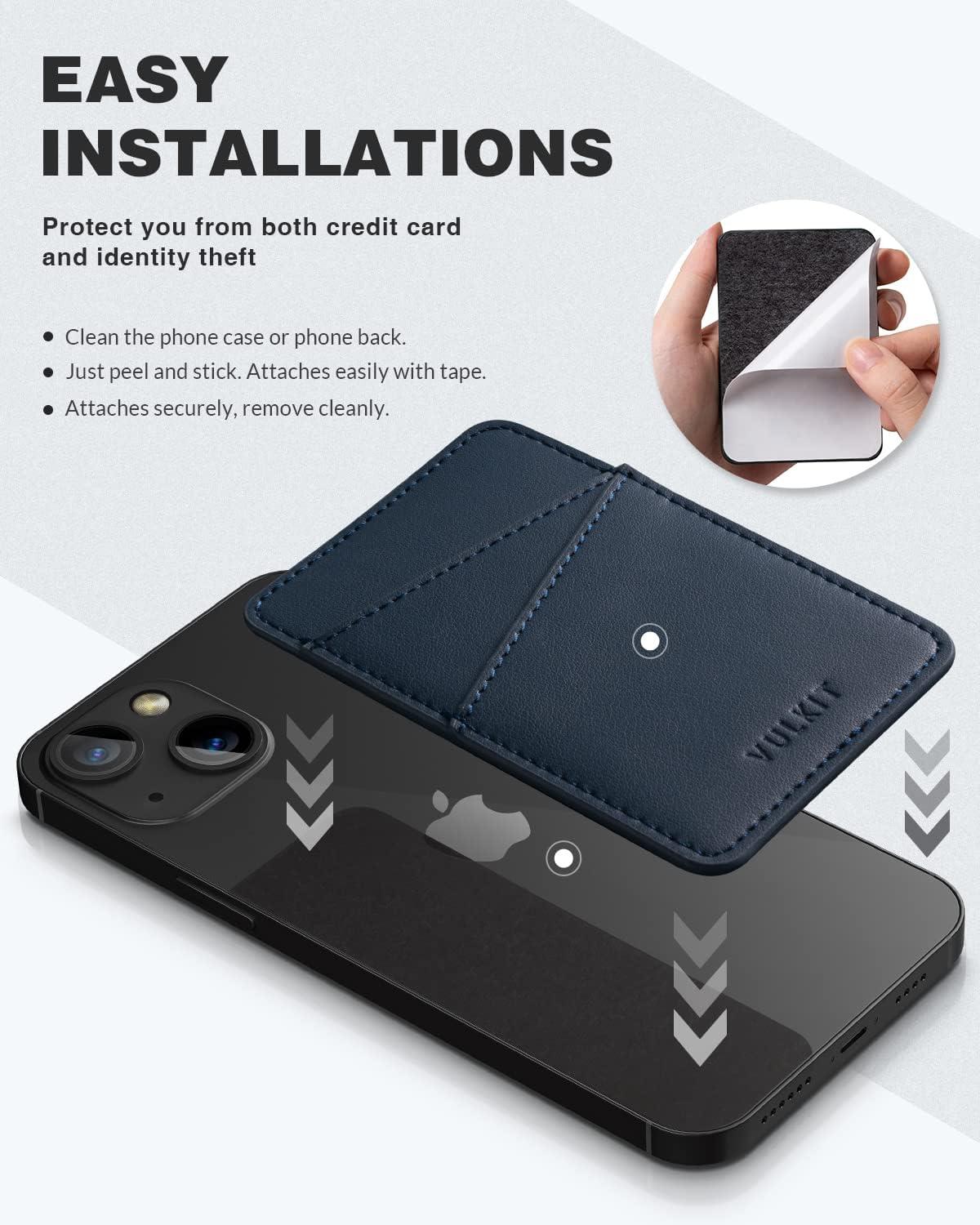 image:imageVULKIT Phone Card Holder Wallet Leather Adhesive Pocket RFID Blocking Credit Card Sleeves Stick Back of Phone Smartphones BlackNavy