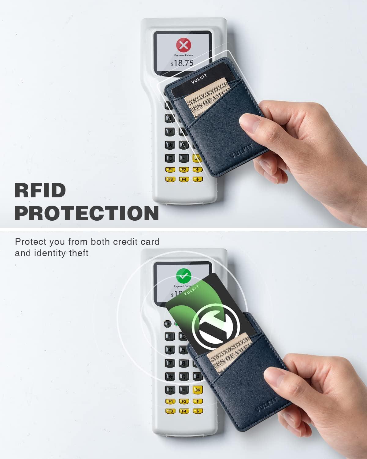 image:imageVULKIT Phone Card Holder Wallet Leather Adhesive Pocket RFID Blocking Credit Card Sleeves Stick Back of Phone Smartphones BlackNavy