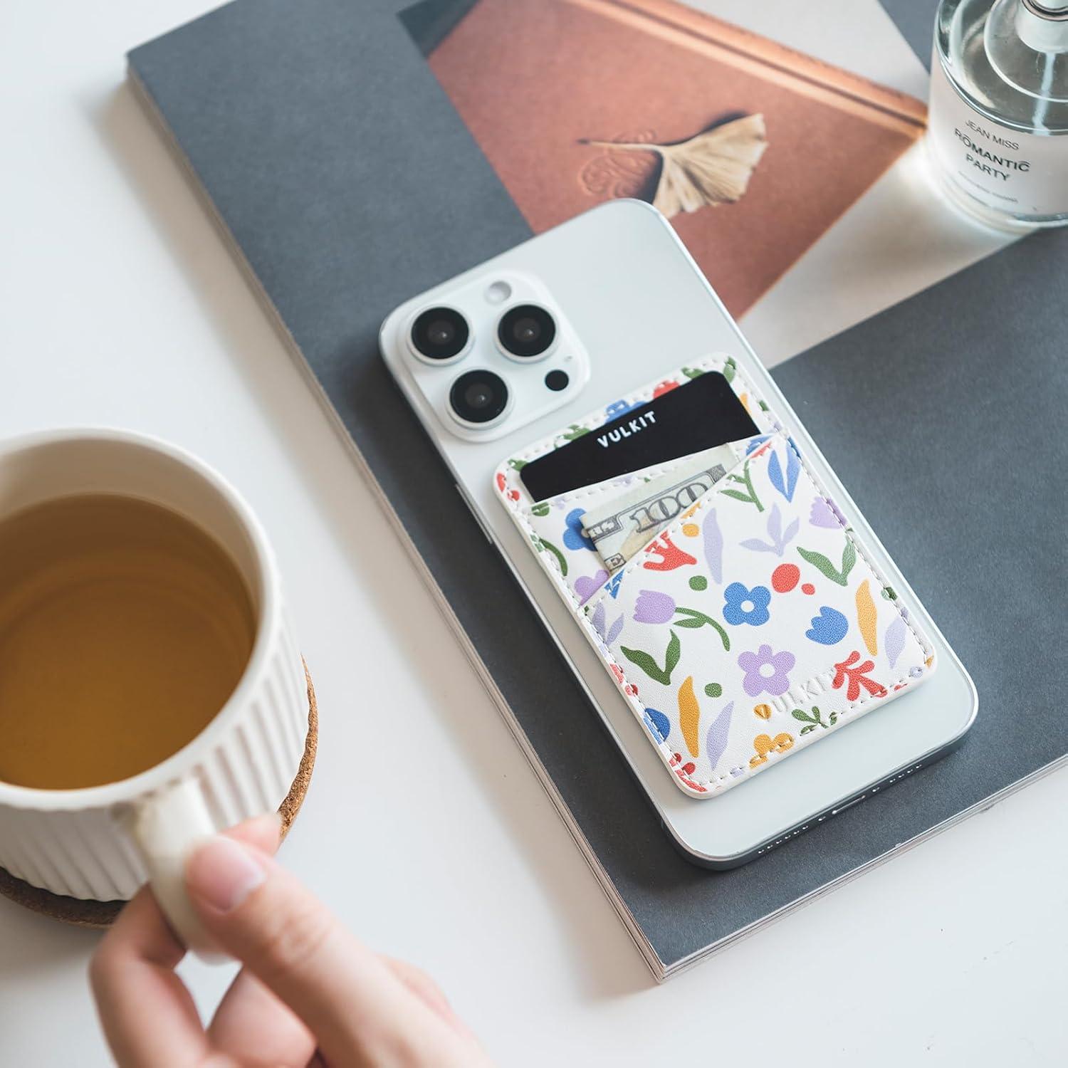 image:imageVULKIT Phone Card Holder Wallet Leather Adhesive Pocket RFID Blocking Credit Card Sleeves Stick Back of Phone Smartphones BlackWildflower