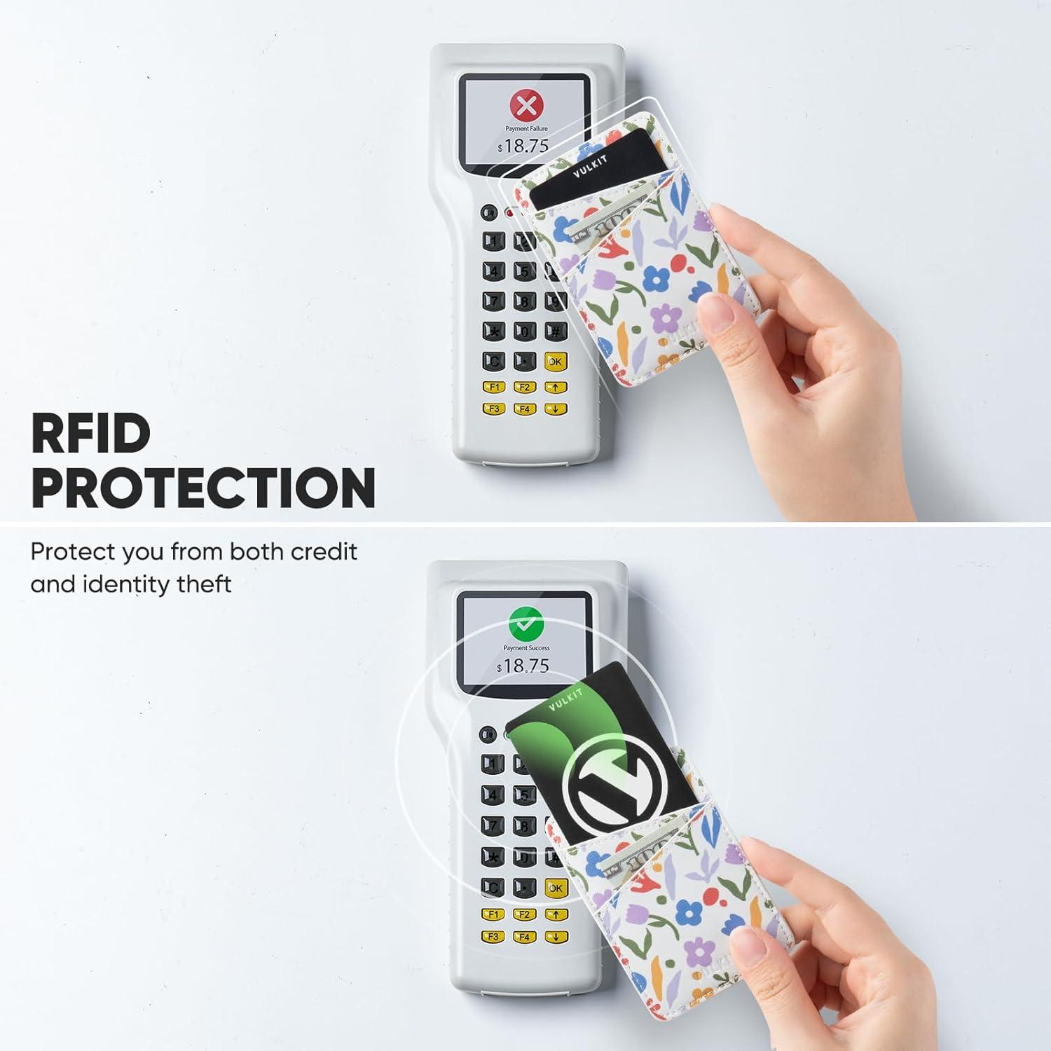 image:imageVULKIT Phone Card Holder Wallet Leather Adhesive Pocket RFID Blocking Credit Card Sleeves Stick Back of Phone Smartphones BlackWildflower