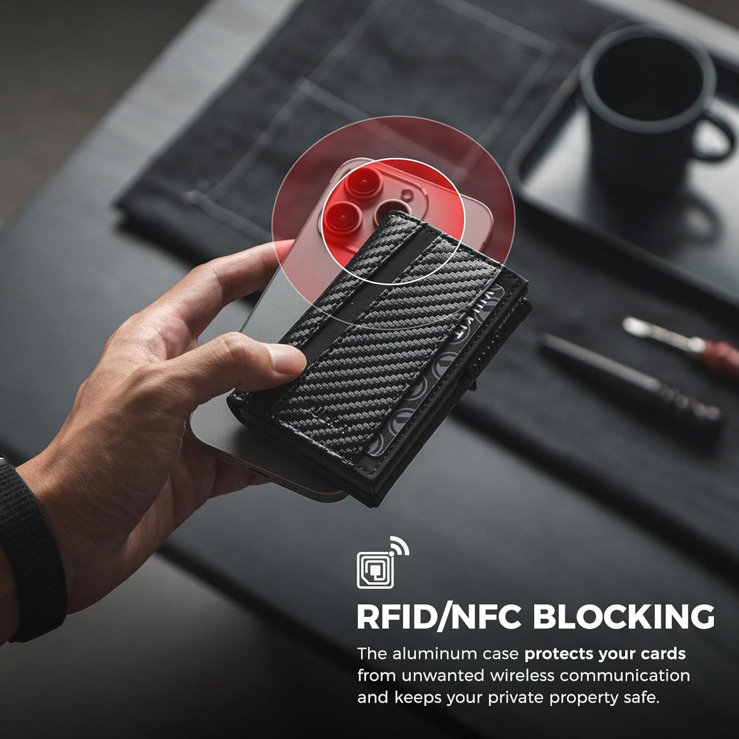 image:imageVULKIT Pop Up Card Holder Minimalist Wallet Metal Card Case RFID Blocking With Coin Pocket And Key Hole For Men Carbon Fiber BlackCarbon Fiber Black