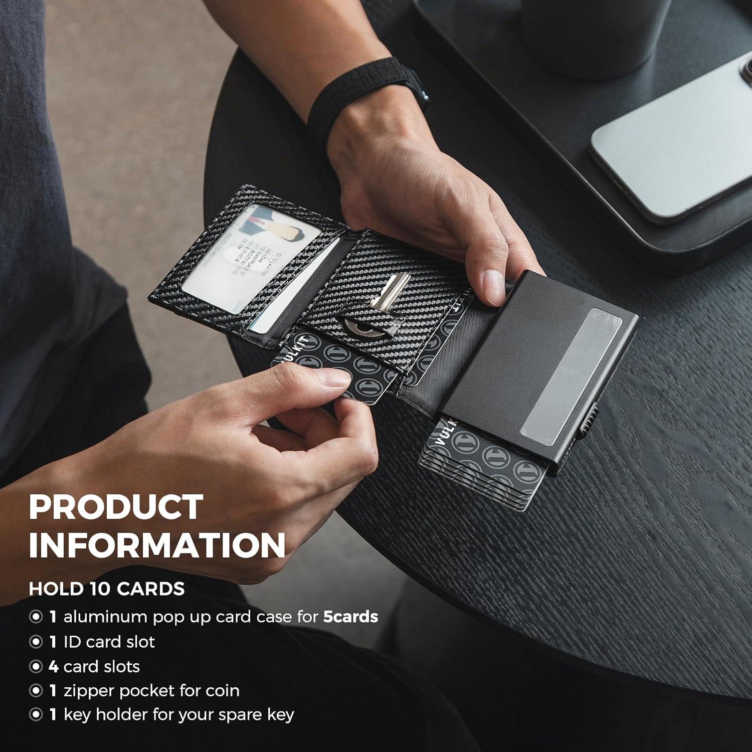 image:imageVULKIT Pop Up Card Holder Minimalist Wallet Metal Card Case RFID Blocking With Coin Pocket And Key Hole For Men Carbon Fiber BlackCarbon Fiber Black