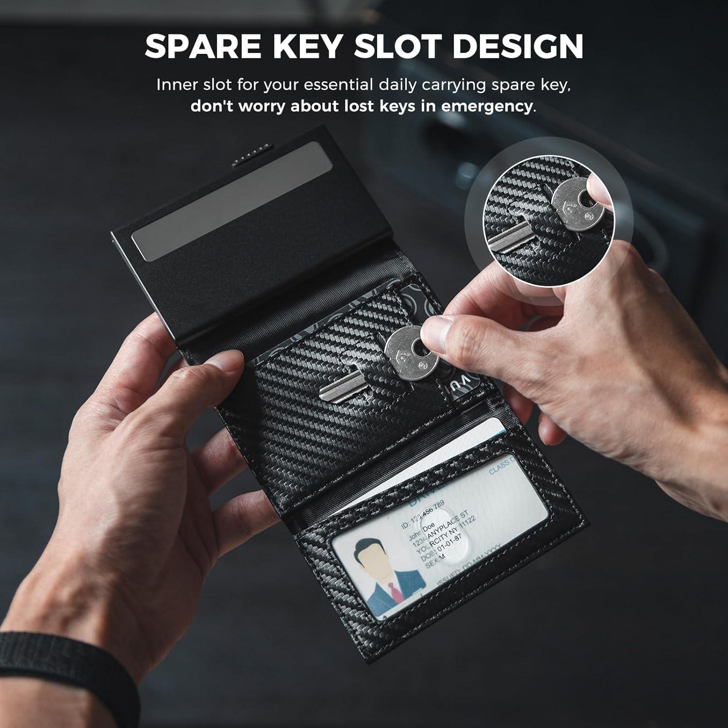 image:imageVULKIT Pop Up Card Holder Minimalist Wallet Metal Card Case RFID Blocking With Coin Pocket And Key Hole For Men Carbon Fiber BlackCarbon Fiber Black