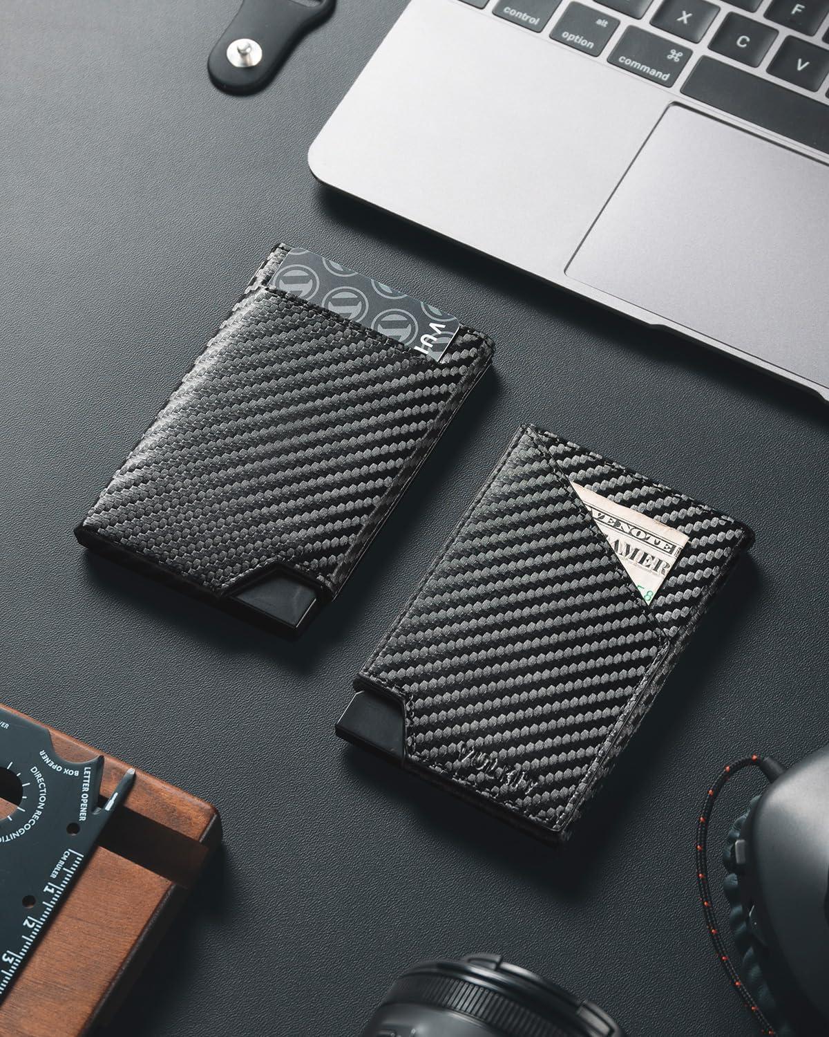image:imageVULKIT Pop up Card Wallet RFID Blocking Slim Aluminum Metal Bank Card Holder Case with Business Money Pocket for Credit Cards Notes and Coins BlackCarbon Fiber Black